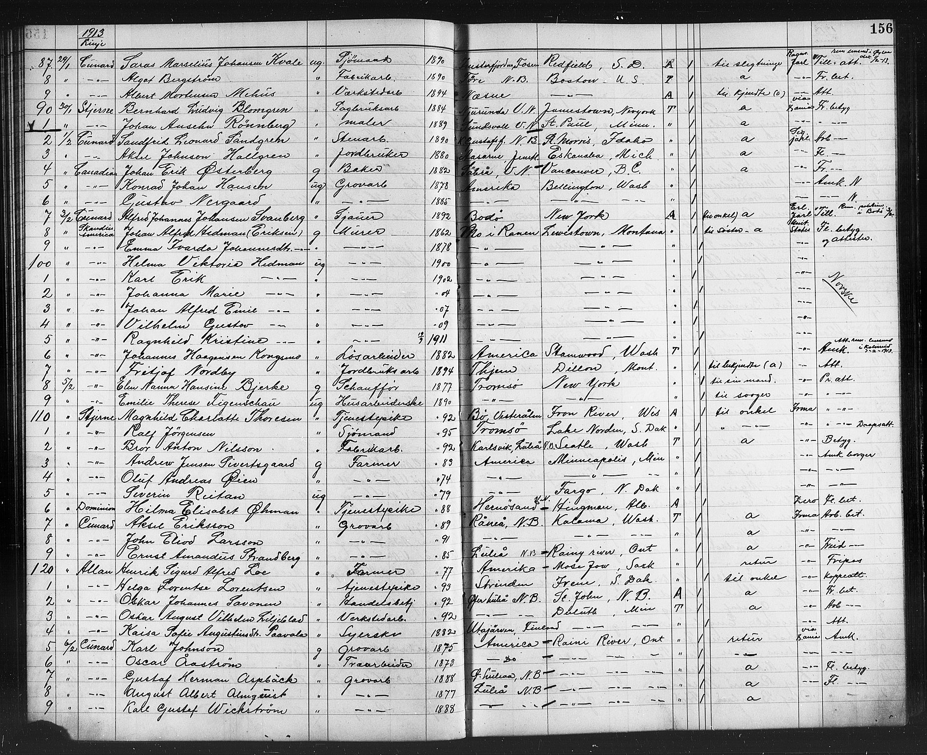 Trondheim politikammer, AV/SAT-A-1887/1/32/L0015: Emigrantprotokoll XIV, 1911-1916, s. 156