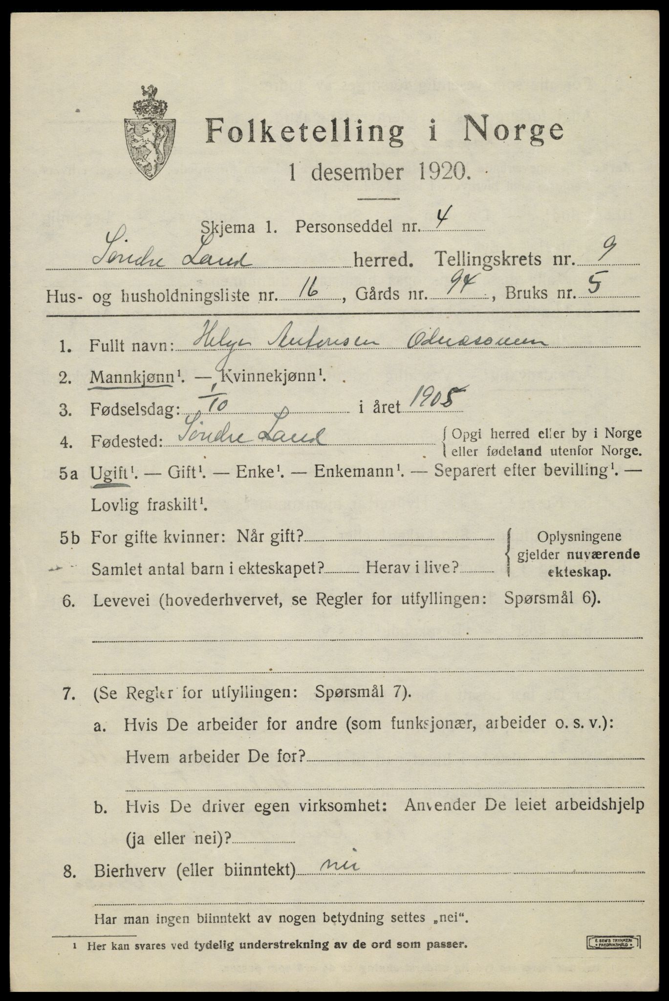SAH, Folketelling 1920 for 0536 Søndre Land herred, 1920, s. 8371