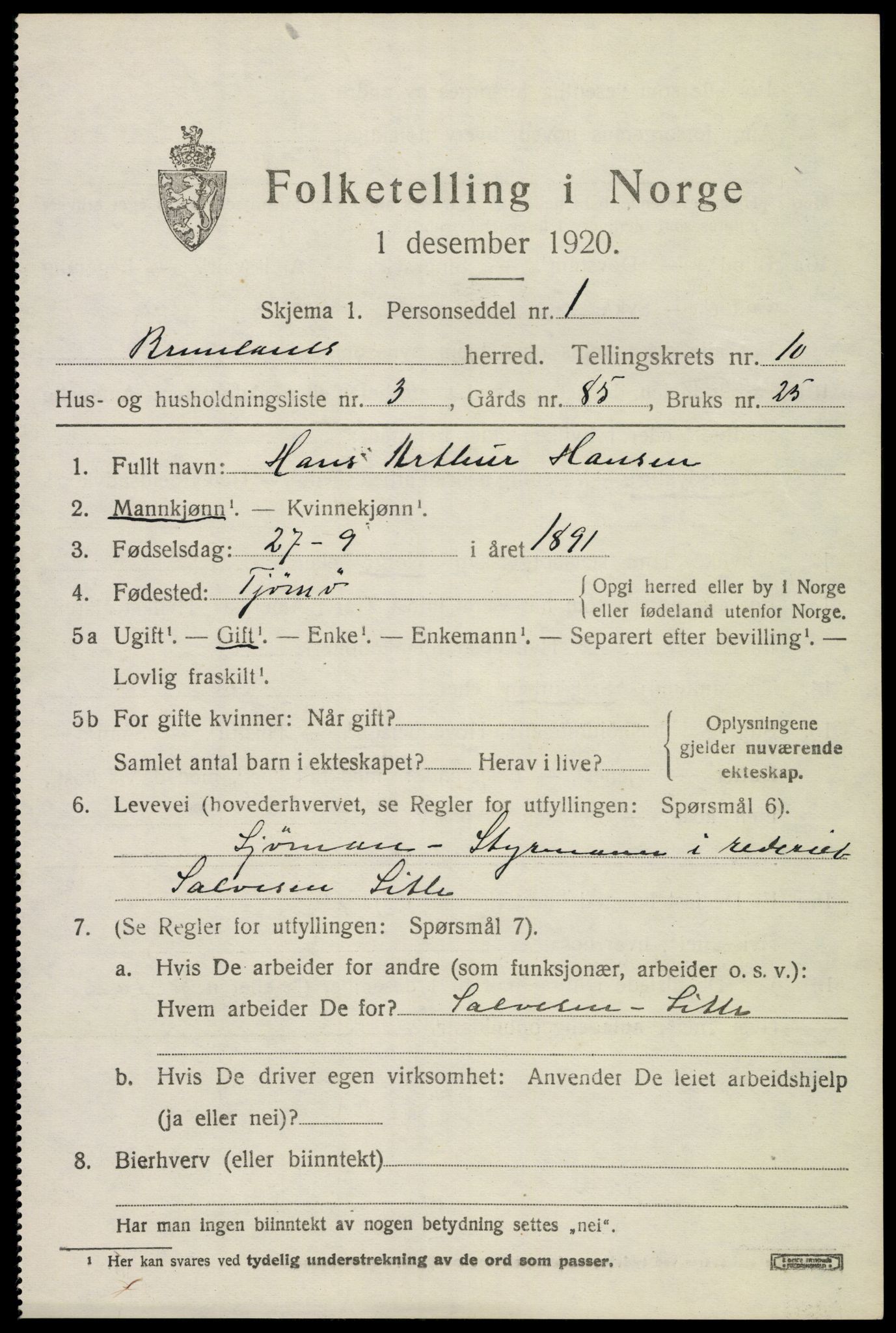 SAKO, Folketelling 1920 for 0726 Brunlanes herred, 1920, s. 8627