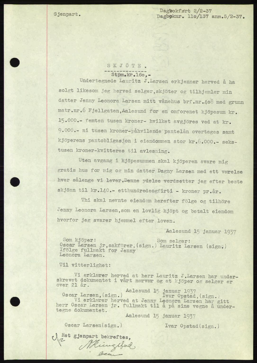 Ålesund byfogd, AV/SAT-A-4384: Pantebok nr. 34 I, 1936-1938, Dagboknr: 110/1937
