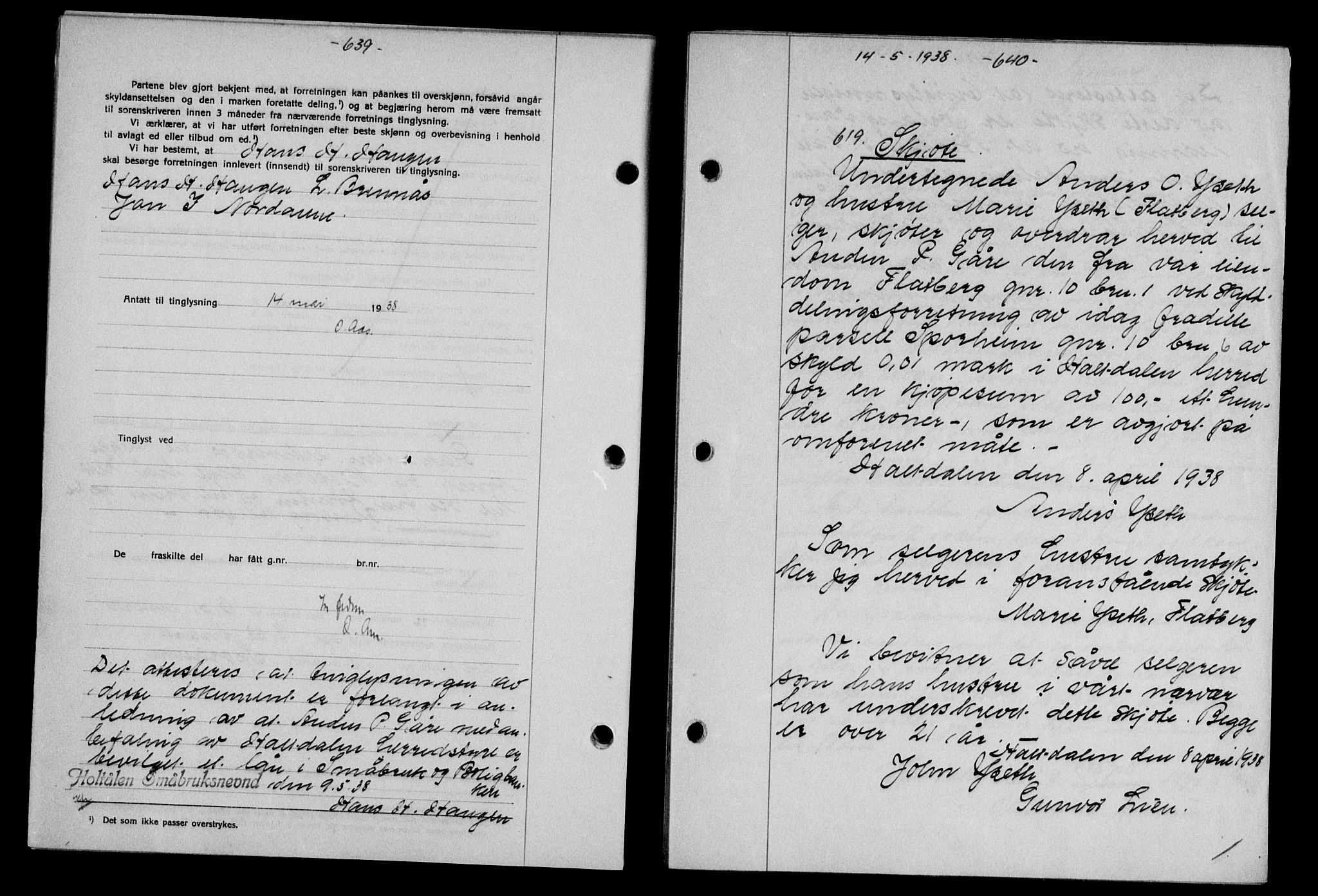 Gauldal sorenskriveri, SAT/A-0014/1/2/2C/L0048: Pantebok nr. 51-52, 1937-1938, s. 639-640, Dagboknr: 619/1938