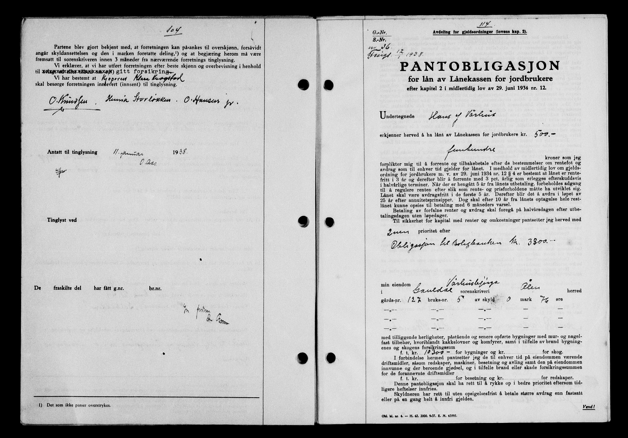 Gauldal sorenskriveri, SAT/A-0014/1/2/2C/L0048: Pantebok nr. 51-52, 1937-1938, s. 104, Dagboknr: 36/1938