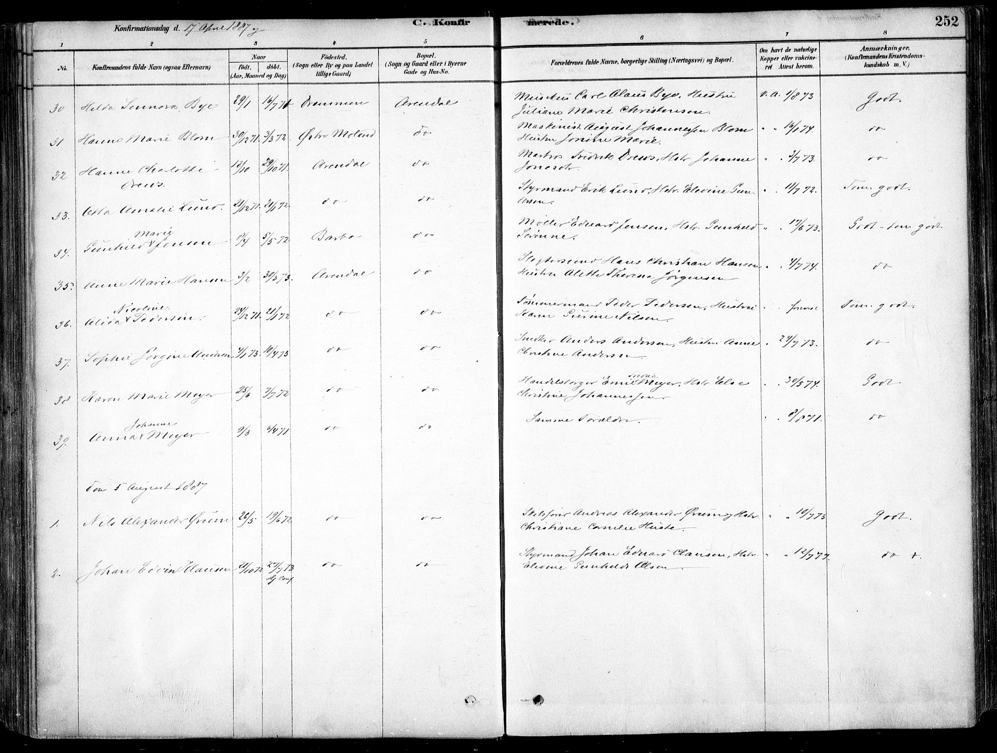 Arendal sokneprestkontor, Trefoldighet, AV/SAK-1111-0040/F/Fa/L0008: Ministerialbok nr. A 8, 1878-1899, s. 252