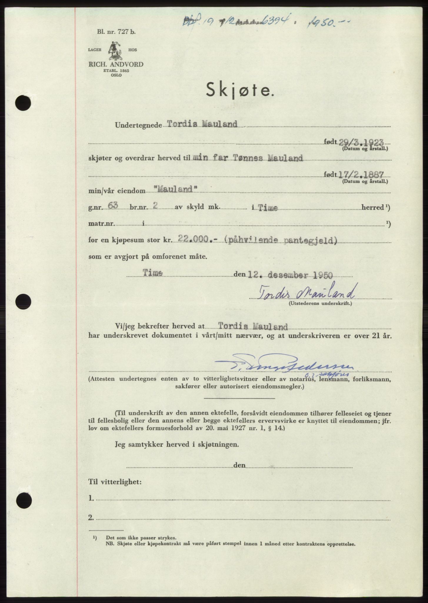 Jæren sorenskriveri, SAST/A-100310/03/G/Gba/L0110: Pantebok, 1950-1950, Dagboknr: 6394/1950