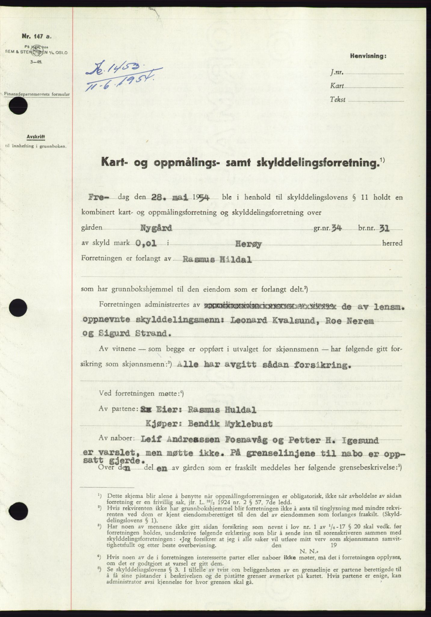 Søre Sunnmøre sorenskriveri, SAT/A-4122/1/2/2C/L0098: Pantebok nr. 24A, 1954-1954, Dagboknr: 1453/1954
