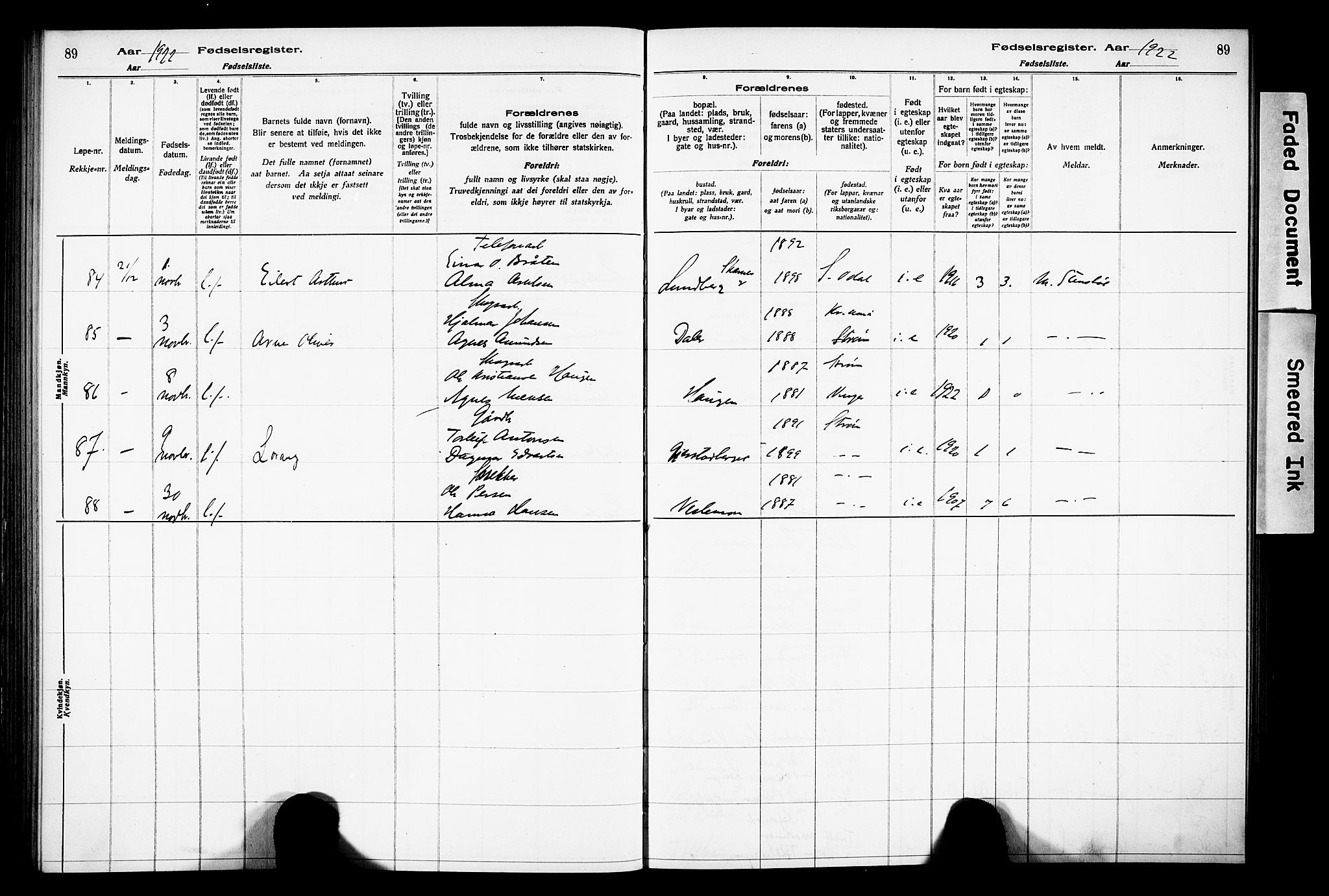 Sør-Odal prestekontor, AV/SAH-PREST-030/I/Id: Fødselsregister nr. 1, 1916-1931, s. 89