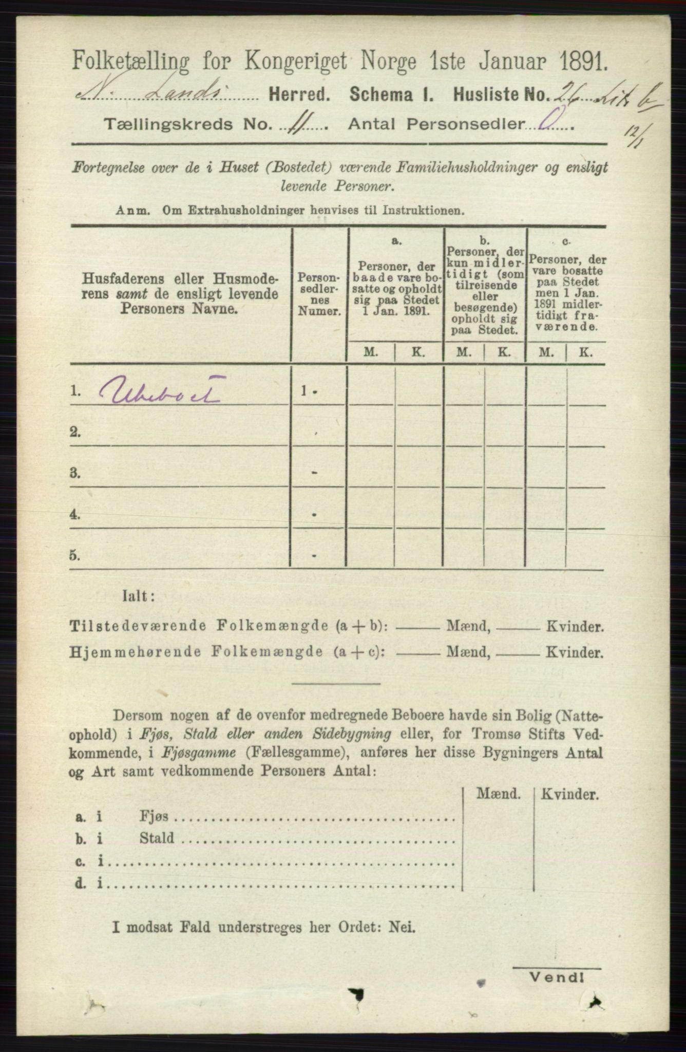 RA, Folketelling 1891 for 0538 Nordre Land herred, 1891, s. 3027