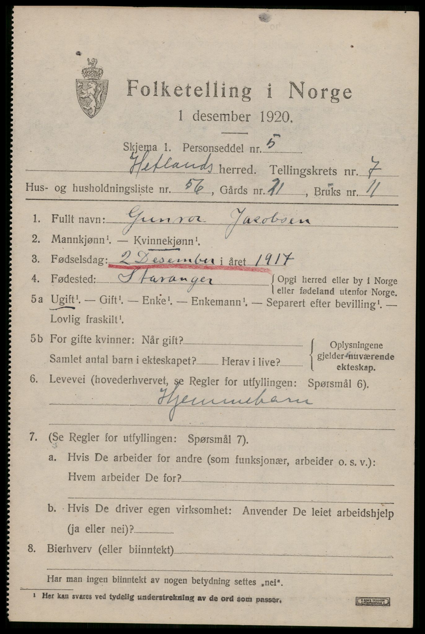 SAST, Folketelling 1920 for 1126 Hetland herred, 1920, s. 14663