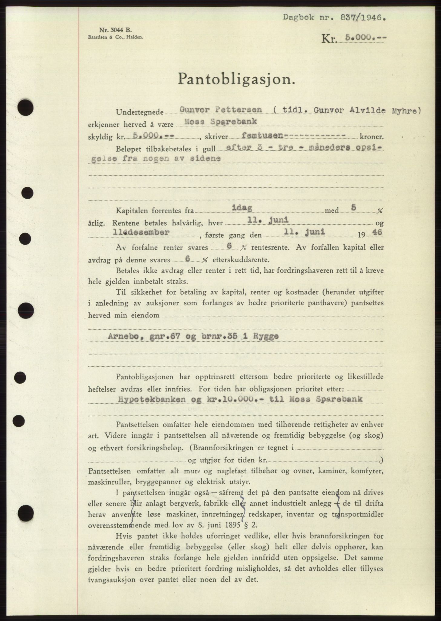 Moss sorenskriveri, SAO/A-10168: Pantebok nr. B15, 1946-1946, Dagboknr: 837/1946