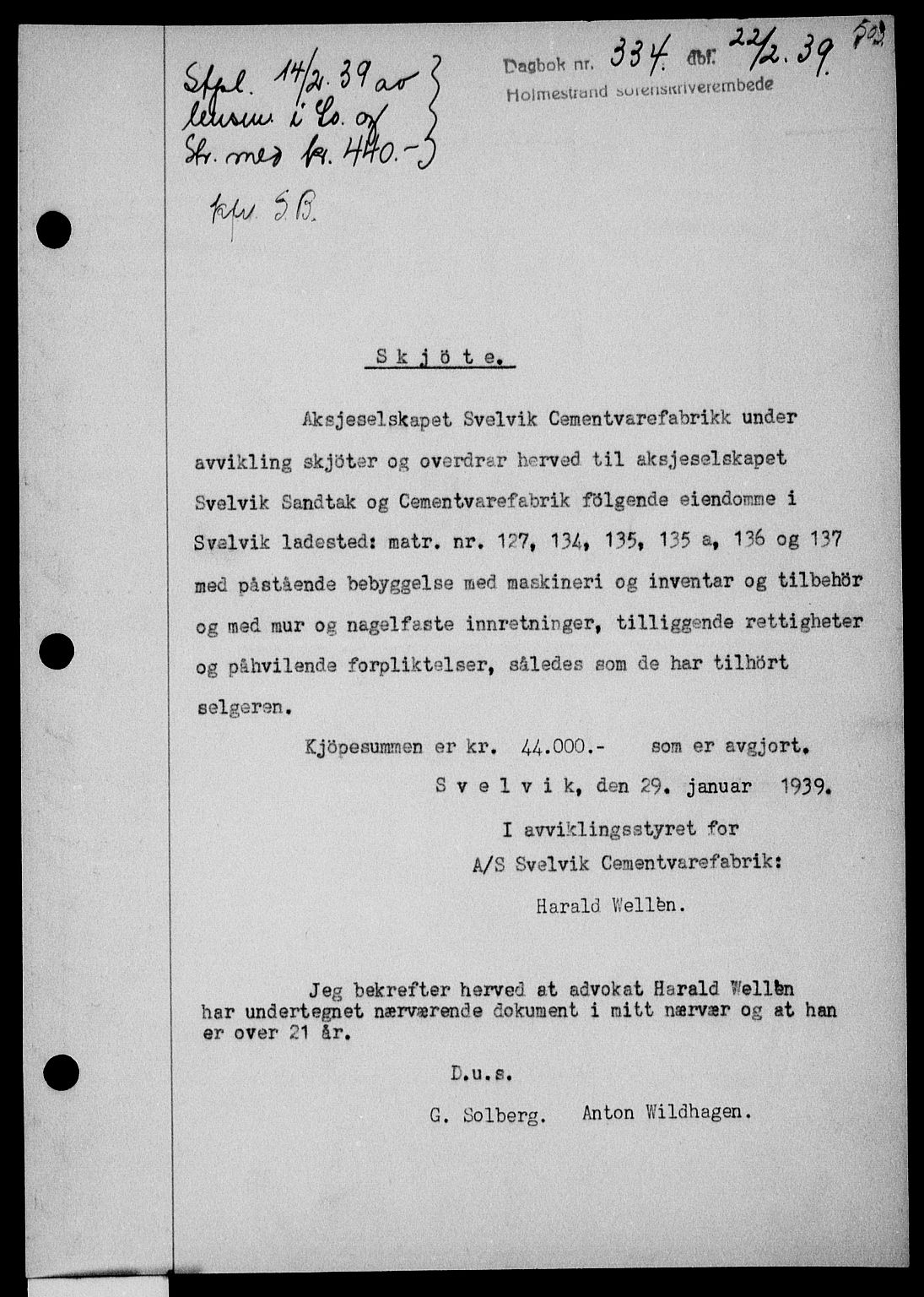 Holmestrand sorenskriveri, SAKO/A-67/G/Ga/Gaa/L0050: Pantebok nr. A-50, 1938-1939, Dagboknr: 334/1939