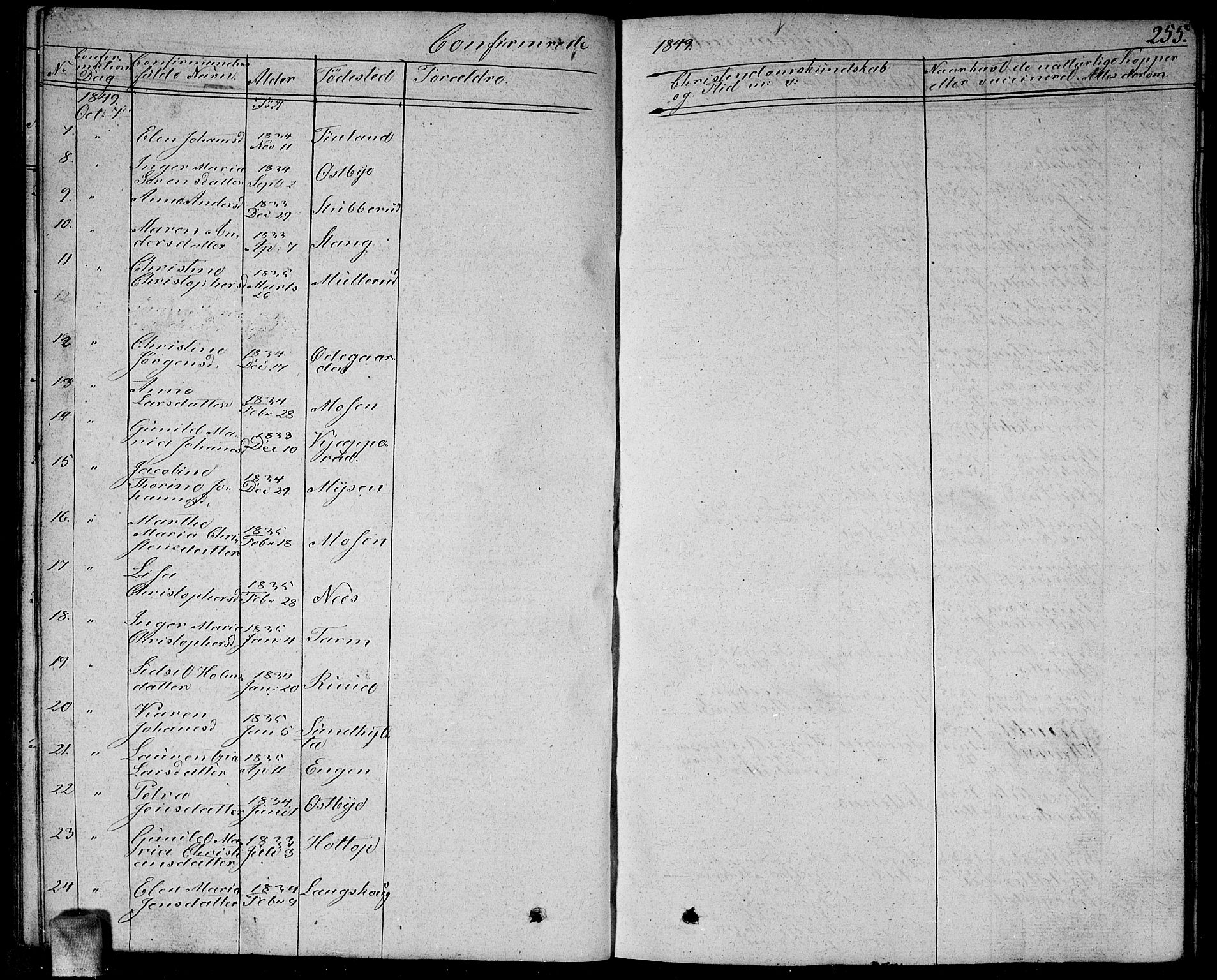 Enebakk prestekontor Kirkebøker, AV/SAO-A-10171c/G/Ga/L0003: Klokkerbok nr. I 3, 1833-1849, s. 255