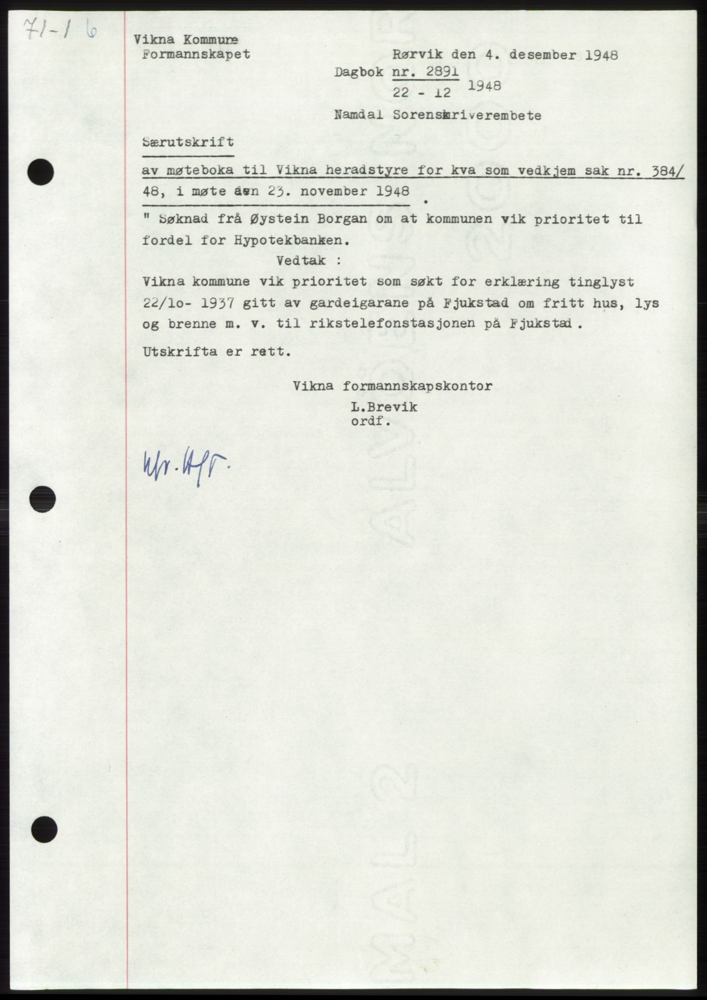 Namdal sorenskriveri, SAT/A-4133/1/2/2C: Pantebok nr. -, 1948-1948, Dagboknr: 2891/1948