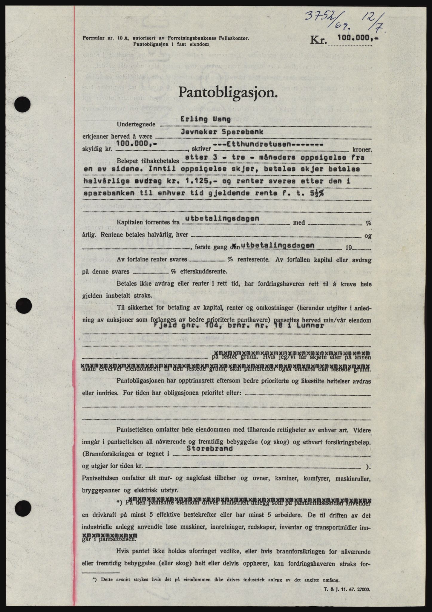 Hadeland og Land tingrett, SAH/TING-010/H/Hb/Hbc/L0074: Pantebok nr. B74, 1969-1969, Dagboknr: 3752/1969