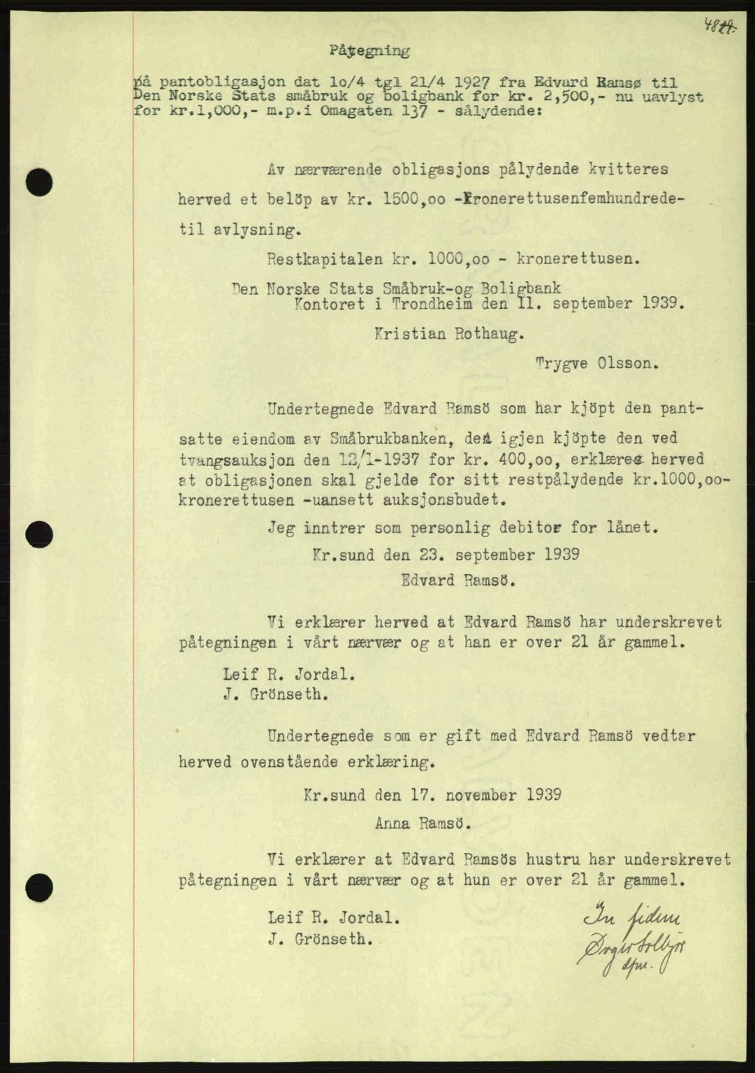 Kristiansund byfogd, AV/SAT-A-4587/A/27: Pantebok nr. 33, 1939-1941, Dagboknr: 1032/1939