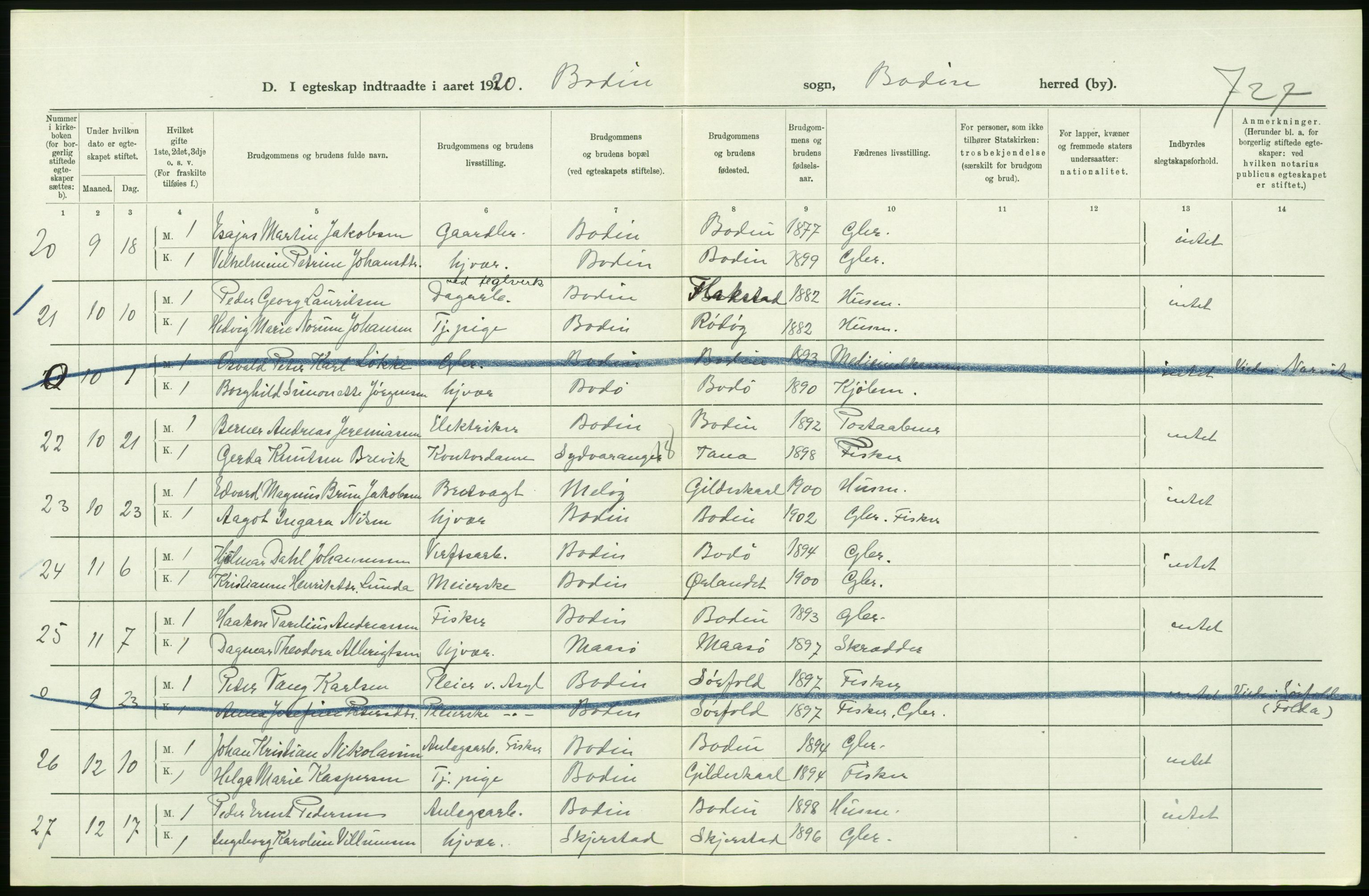 Statistisk sentralbyrå, Sosiodemografiske emner, Befolkning, RA/S-2228/D/Df/Dfb/Dfbj/L0057: Nordland fylke: Gifte, dødfødte. Bygder og byer., 1920, s. 148