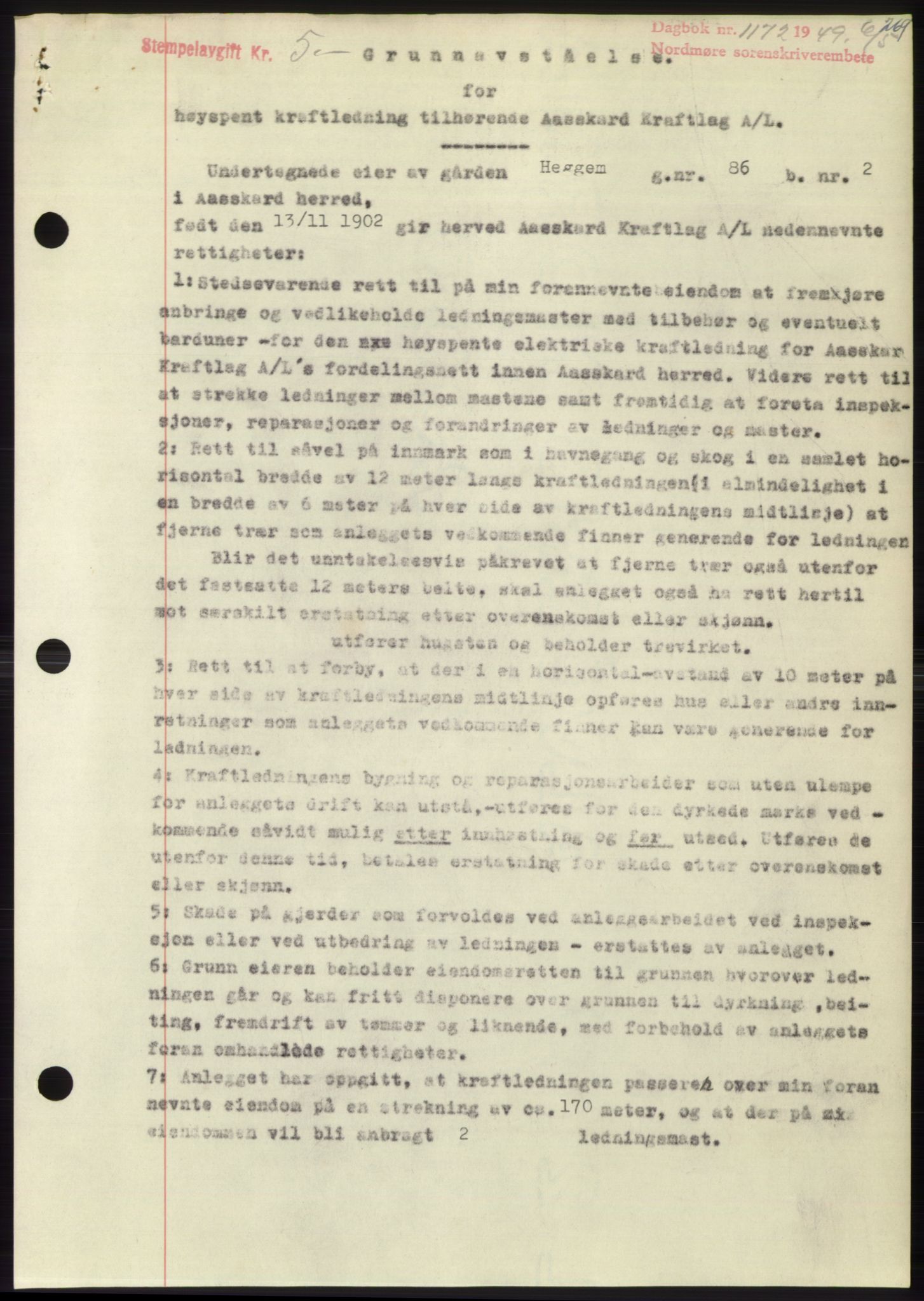 Nordmøre sorenskriveri, SAT/A-4132/1/2/2Ca: Pantebok nr. B101, 1949-1949, Dagboknr: 1172/1949
