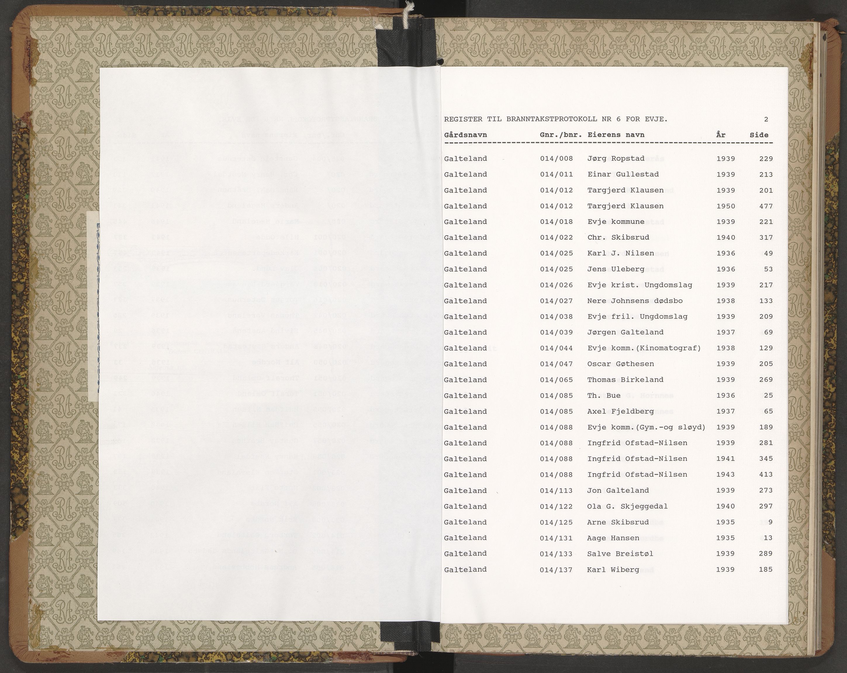 Norges Brannkasse Evje, AV/SAK-2241-0010/F/Fa/L0006: Branntakstprotokoll nr. 6 med gårdsnavnregister, 1935-1950