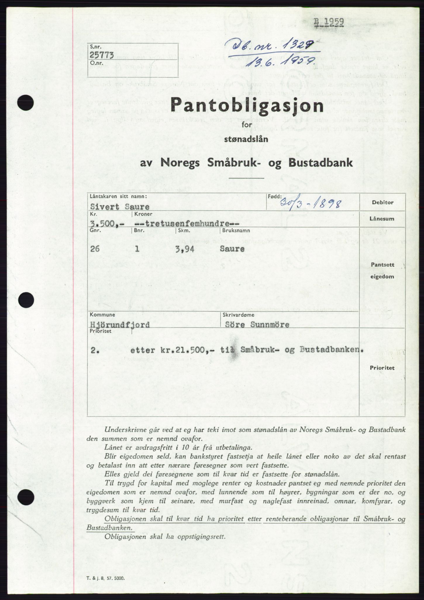 Søre Sunnmøre sorenskriveri, SAT/A-4122/1/2/2C/L0133: Pantebok nr. 21B, 1959-1959, Dagboknr: 1329/1959
