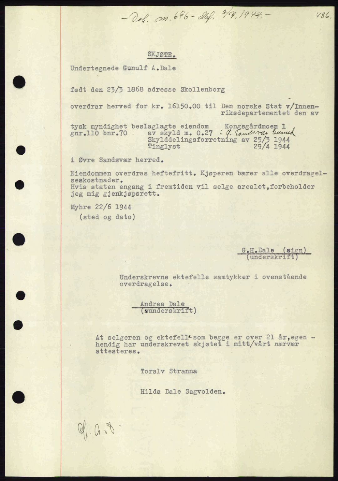 Numedal og Sandsvær sorenskriveri, SAKO/A-128/G/Ga/Gaa/L0055: Pantebok nr. A7, 1943-1944, Dagboknr: 696/1944