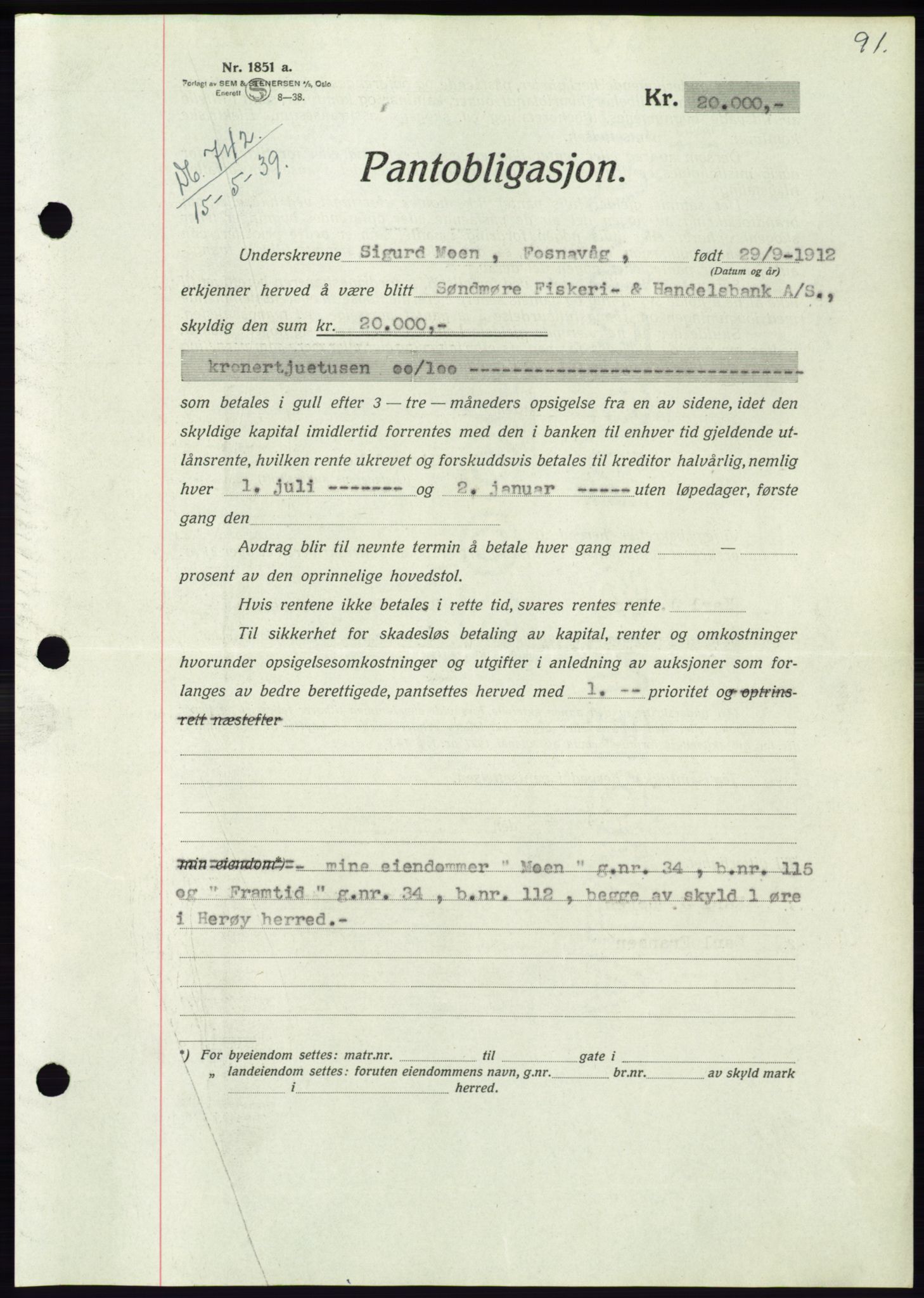 Søre Sunnmøre sorenskriveri, AV/SAT-A-4122/1/2/2C/L0068: Pantebok nr. 62, 1939-1939, Dagboknr: 742/1939