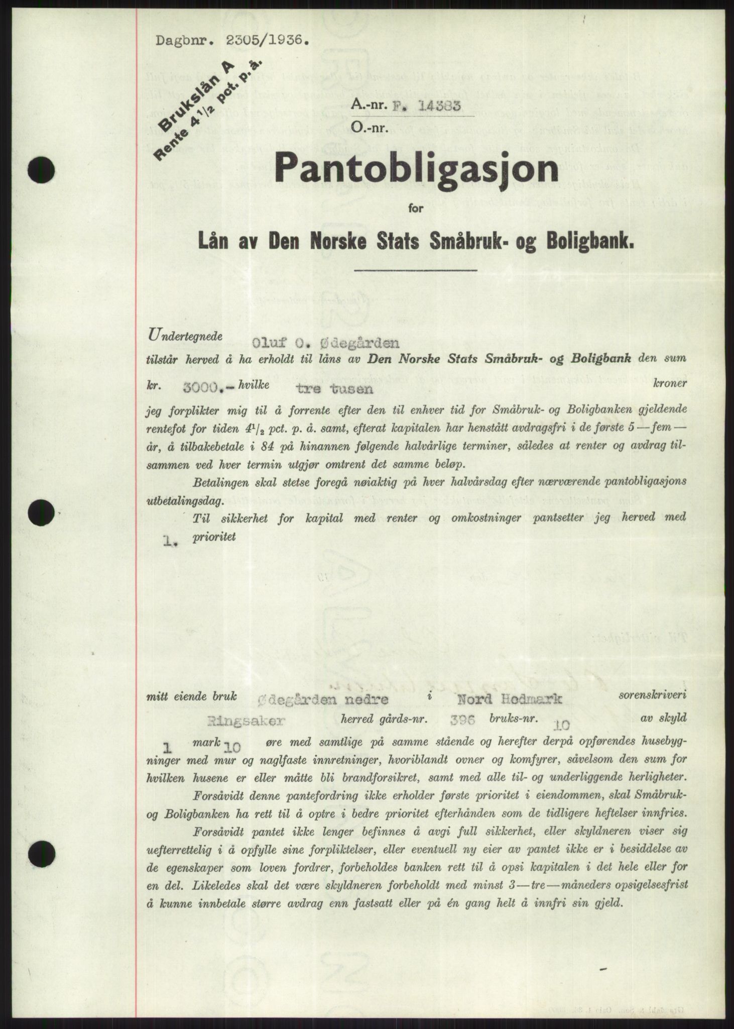 Nord-Hedmark sorenskriveri, SAH/TING-012/H/Hb/Hbf/L0001: Pantebok nr. B1, 1936-1936, Dagboknr: 2305/1936