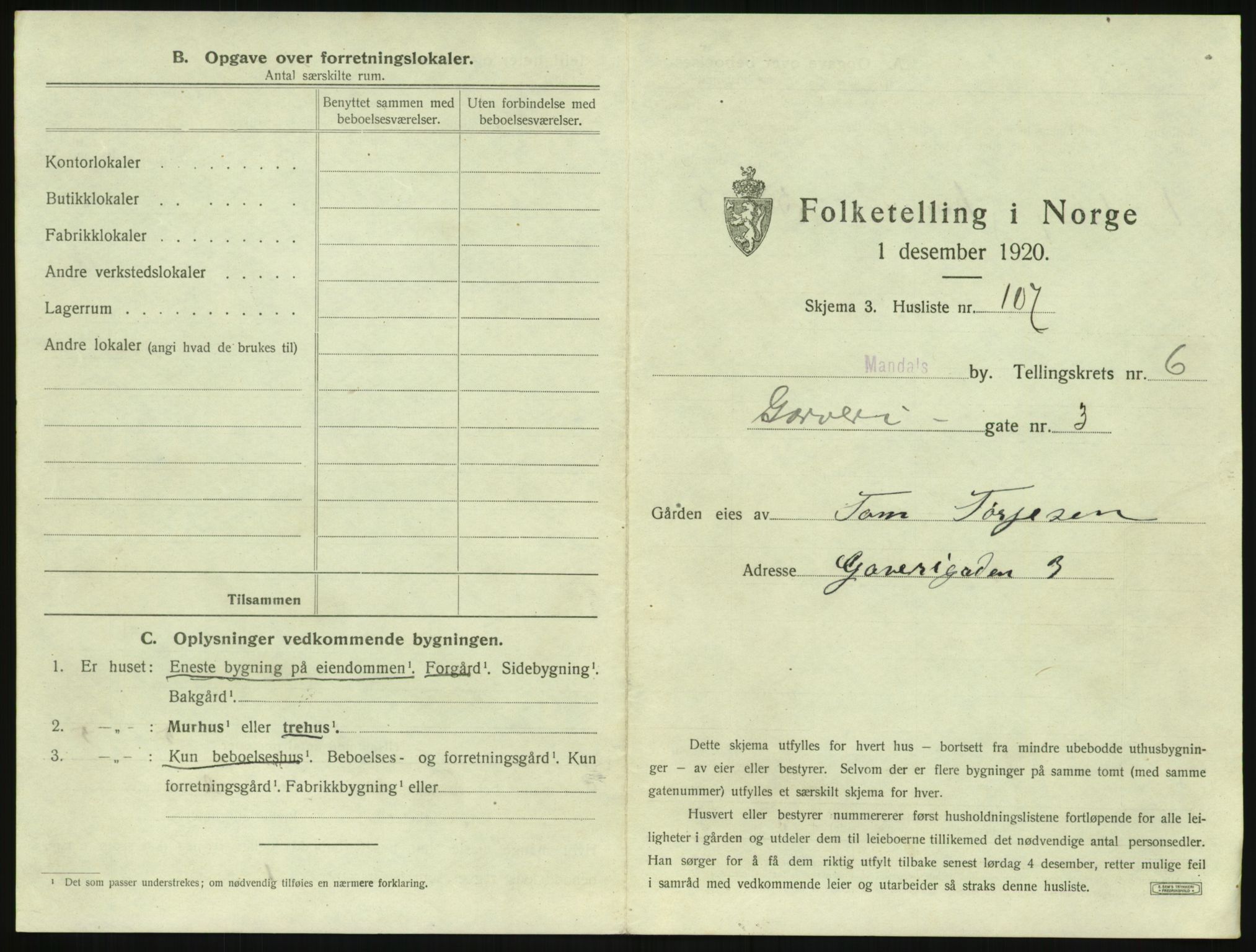 SAK, Folketelling 1920 for 1002 Mandal ladested, 1920, s. 1399