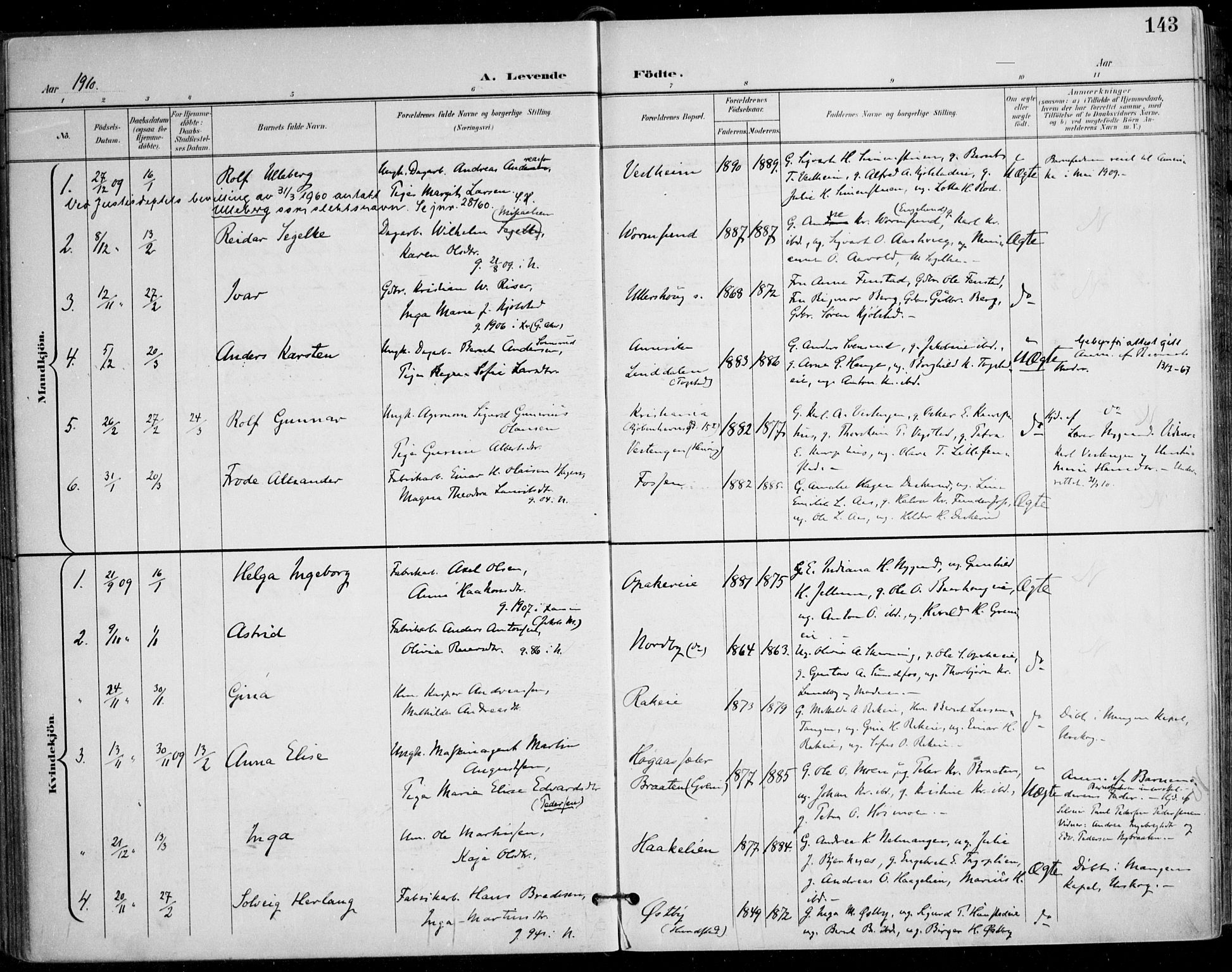 Nes prestekontor Kirkebøker, AV/SAO-A-10410/F/Fa/L0011: Ministerialbok nr. I 11, 1899-1918, s. 143