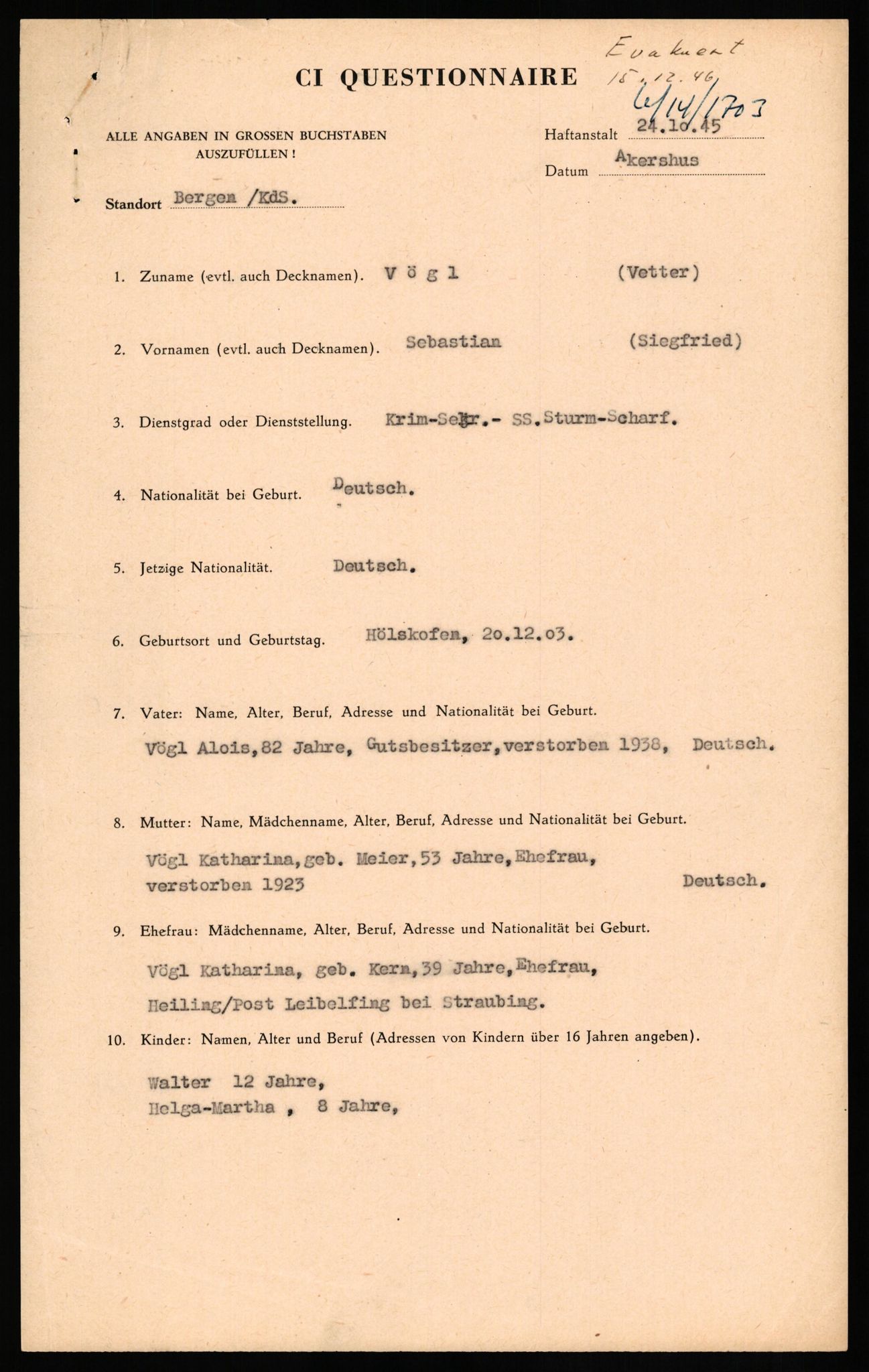 Forsvaret, Forsvarets overkommando II, AV/RA-RAFA-3915/D/Db/L0034: CI Questionaires. Tyske okkupasjonsstyrker i Norge. Tyskere., 1945-1946, s. 357