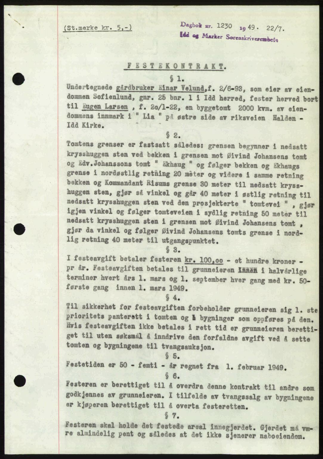 Idd og Marker sorenskriveri, SAO/A-10283/G/Gb/Gbb/L0012: Pantebok nr. A12, 1949-1949, Dagboknr: 1230/1949