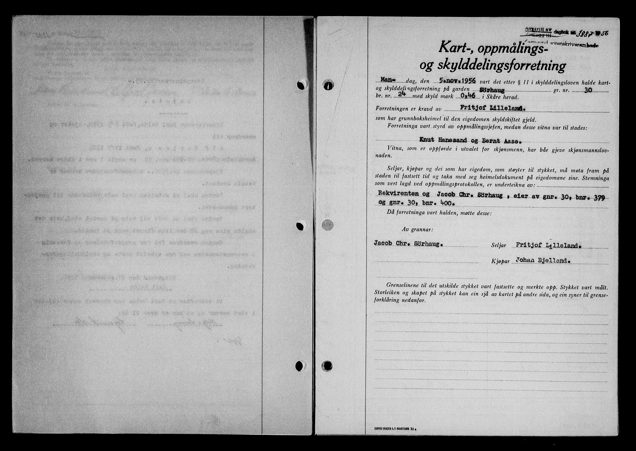 Karmsund sorenskriveri, SAST/A-100311/01/II/IIB/L0122: Pantebok nr. 102A, 1956-1956, Dagboknr: 3887/1956