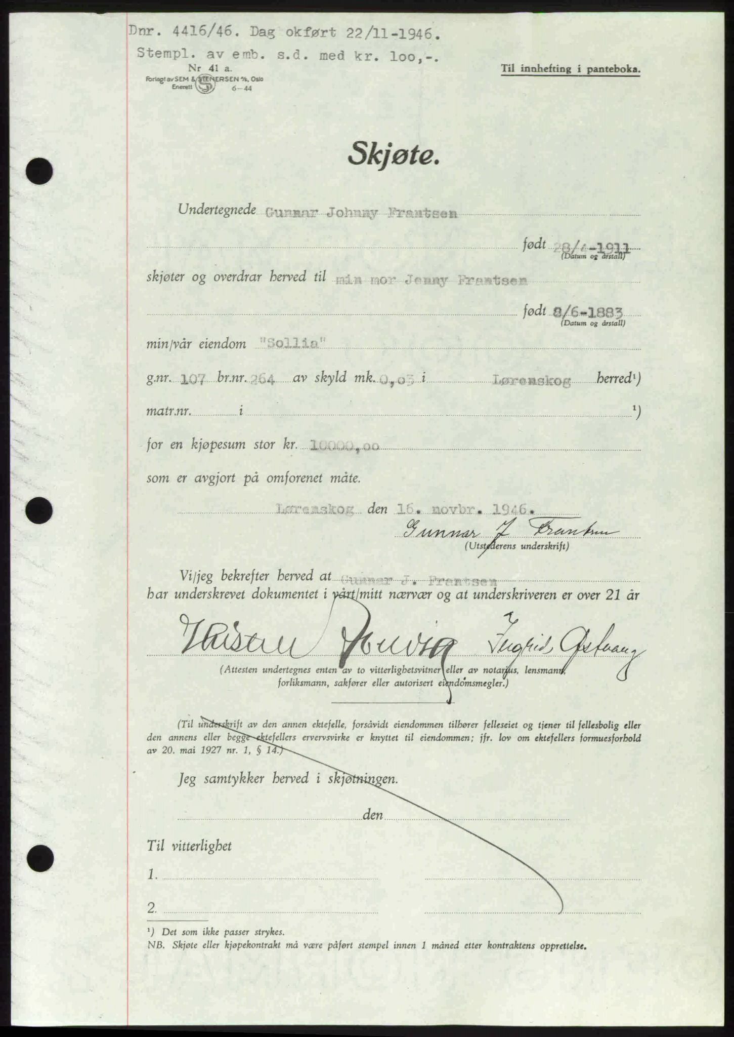 Nedre Romerike sorenskriveri, AV/SAO-A-10469/G/Gb/Gbd/L0017: Pantebok nr. 17, 1946-1946, Dagboknr: 4416/1946