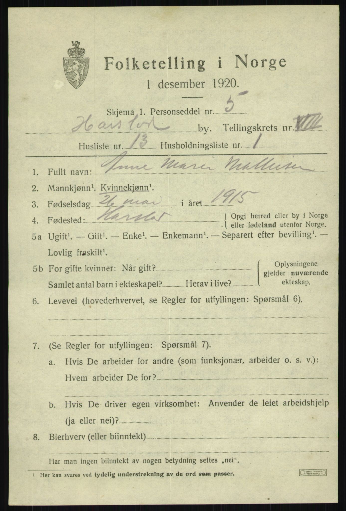 SATØ, Folketelling 1920 for 1901 Harstad ladested, 1920, s. 9184