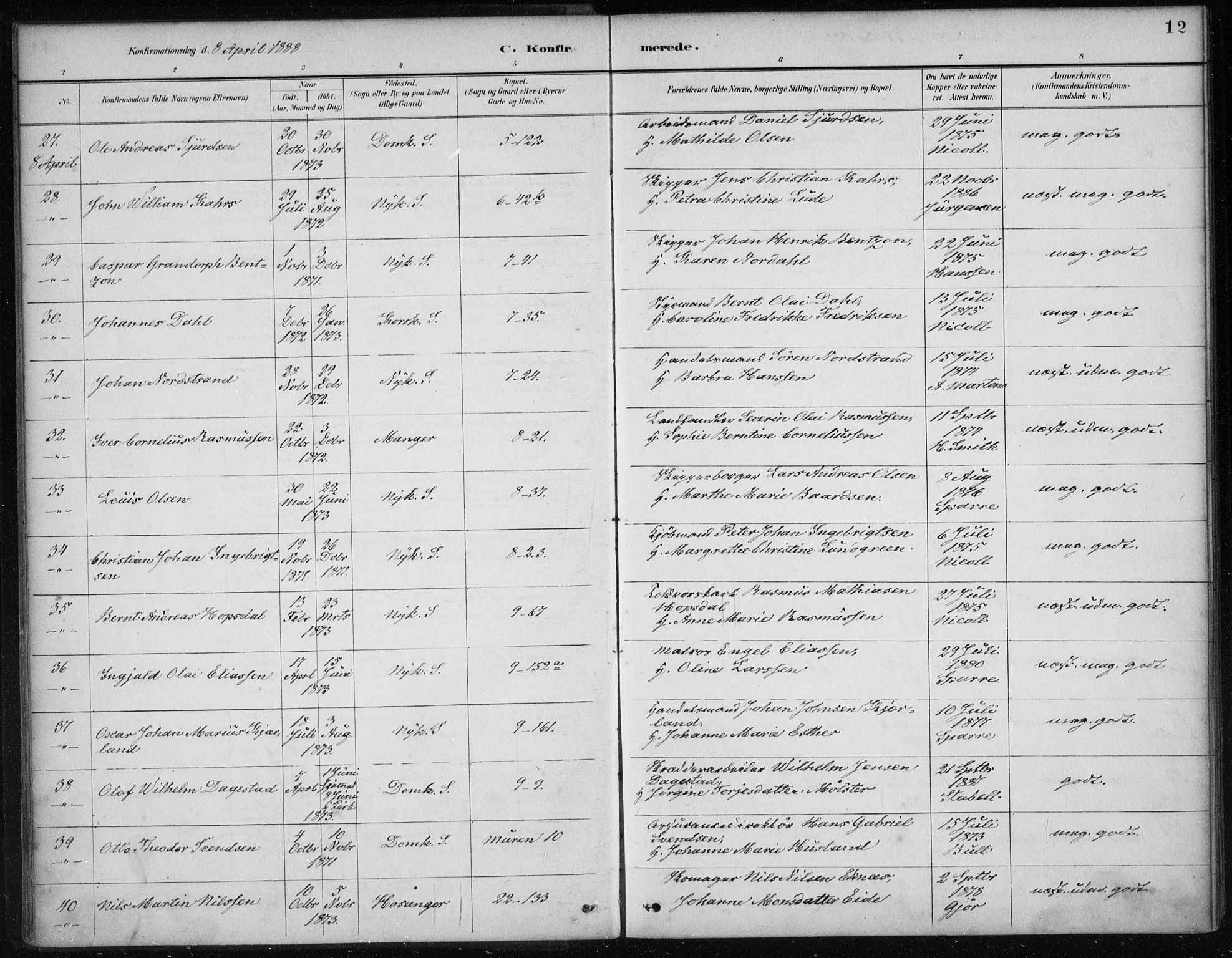Nykirken Sokneprestembete, AV/SAB-A-77101/H/Haa/L0027: Ministerialbok nr. C 6, 1886-1913, s. 12