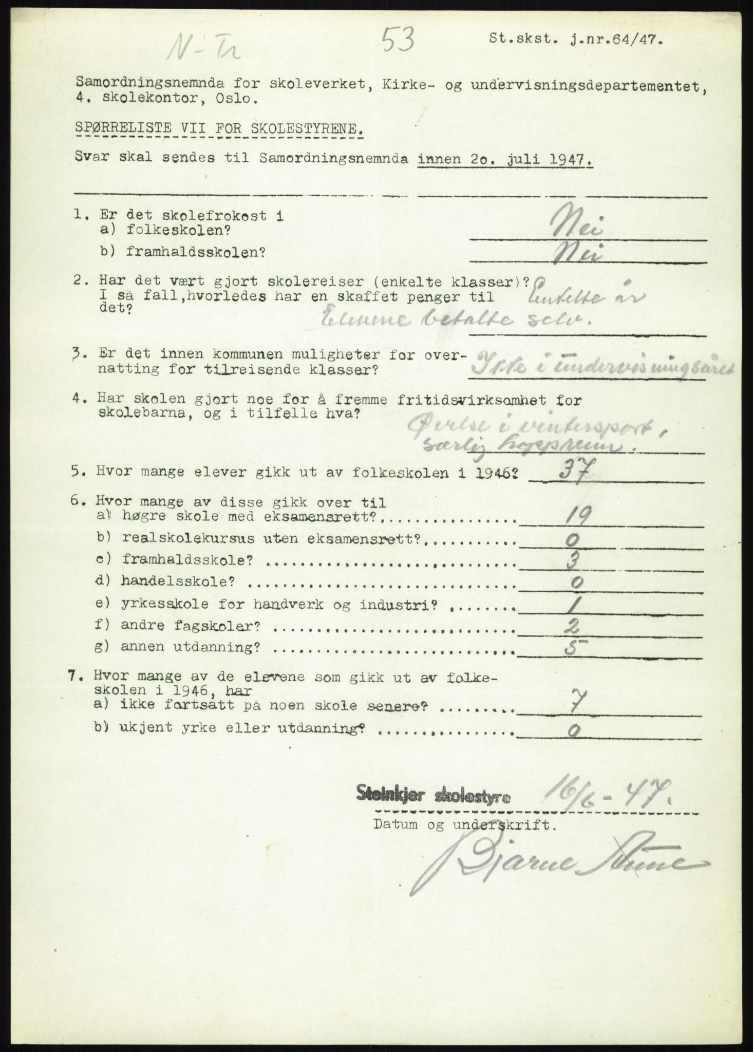 Kirke- og undervisningsdepartementet, Samordningsnemnda for skoleverket, AV/RA-S-1146/D/L0008: Svar på spørreskjema fra kommuner i Nord-Trøndelag, Nordland, Troms og Finnmark, 1947, s. 141