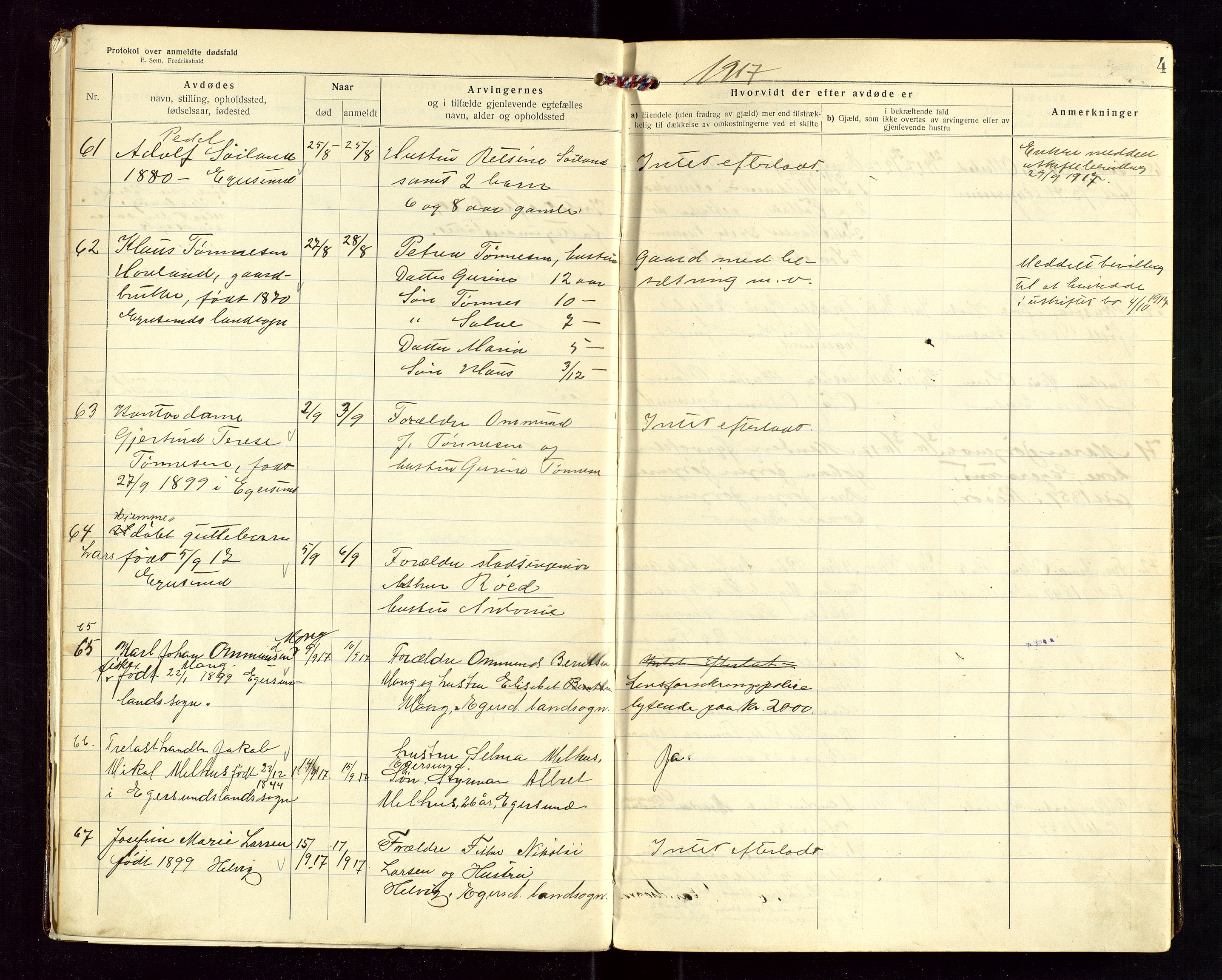 Eigersund lensmannskontor, SAST/A-100171/Gga/L0007: "Protokol over anmeldte dødsfald" m/alfabetisk navneregister, 1917-1920, s. 4