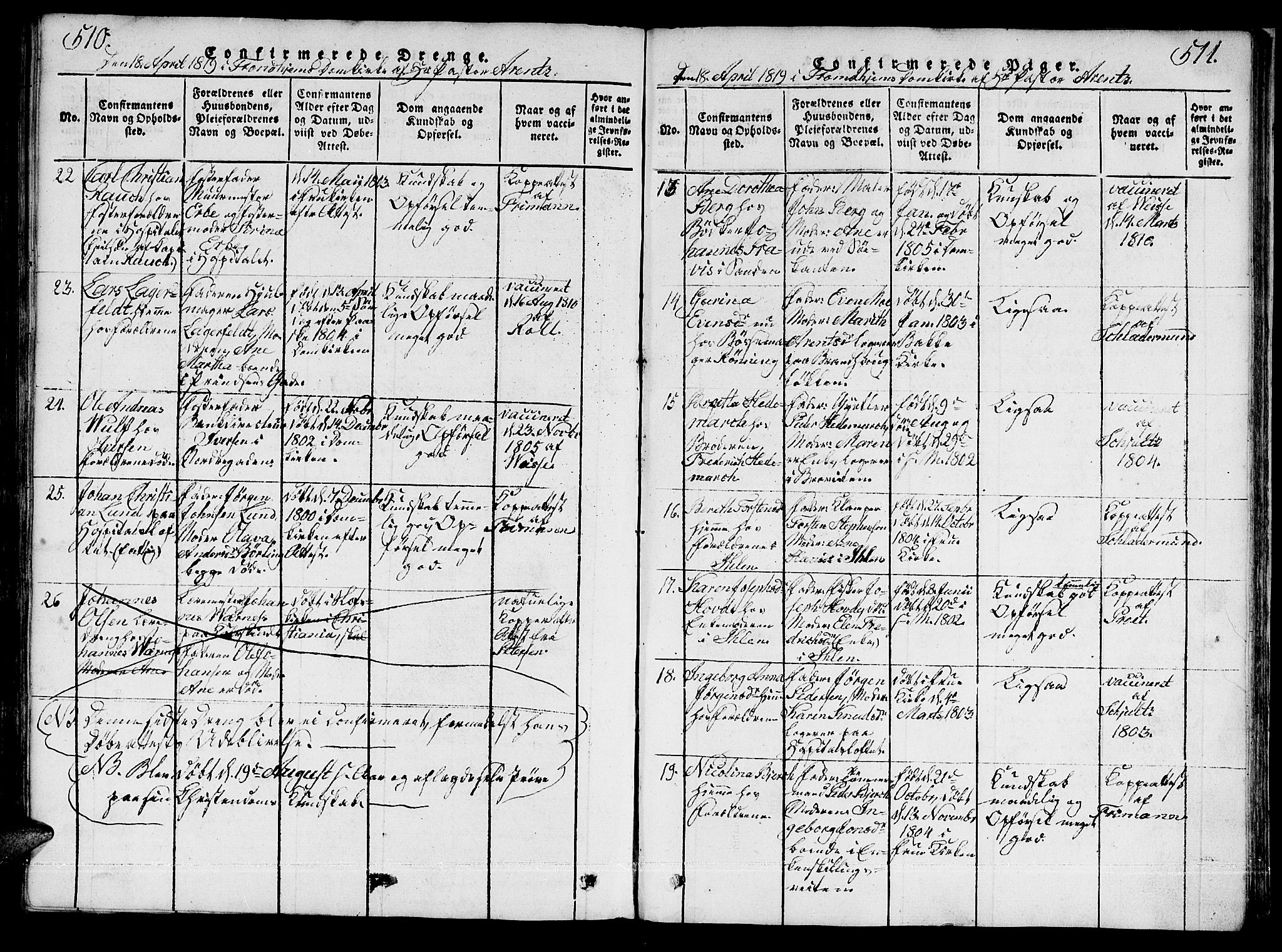 Ministerialprotokoller, klokkerbøker og fødselsregistre - Sør-Trøndelag, SAT/A-1456/601/L0043: Ministerialbok nr. 601A11, 1815-1821, s. 510-511