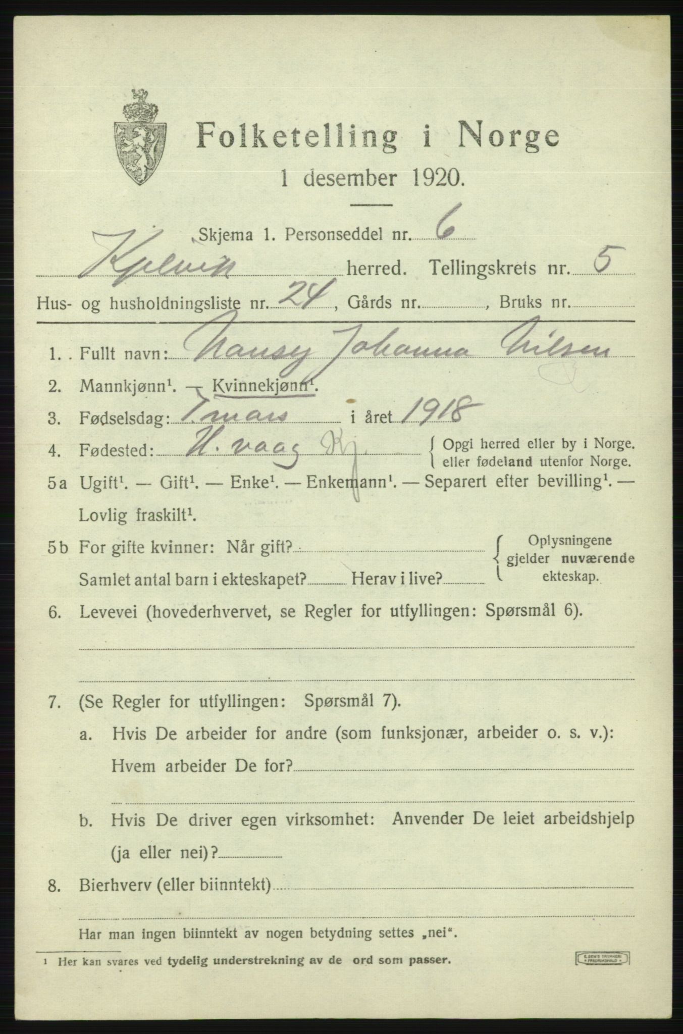 SATØ, Folketelling 1920 for 2019 Kjelvik herred, 1920, s. 2575