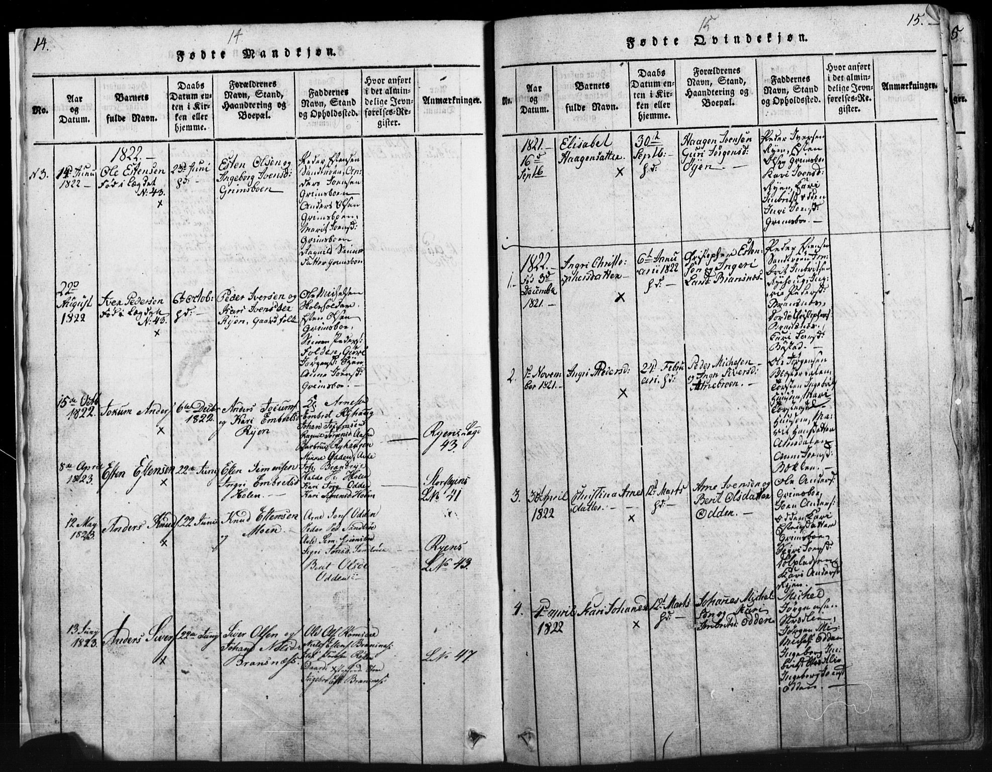 Tynset prestekontor, SAH/PREST-058/H/Ha/Hab/L0003: Klokkerbok nr. 3, 1814-1862, s. 14-15