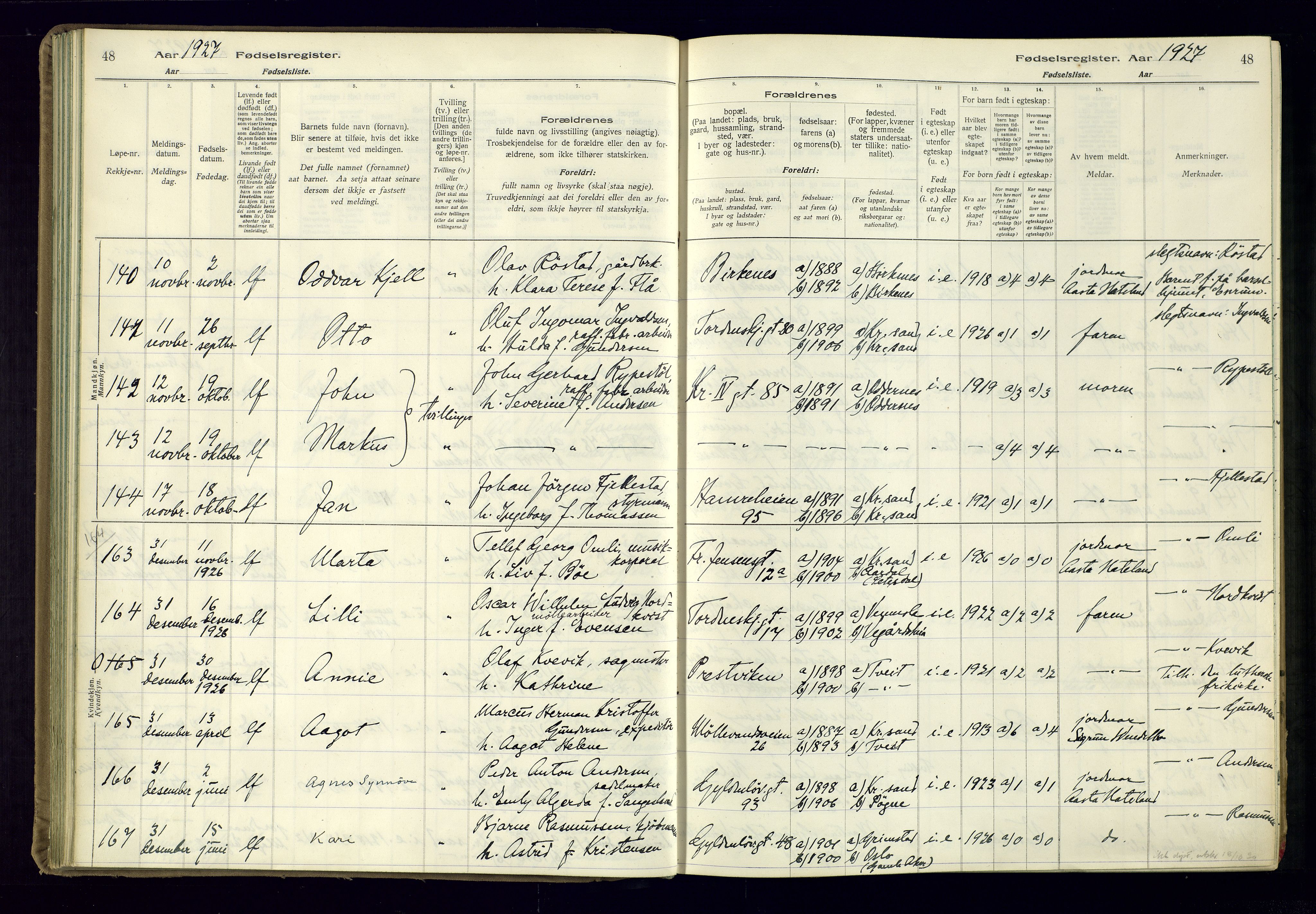 Kristiansand domprosti, SAK/1112-0006/J/Jc/L0003: Fødselsregister nr. A-VI-47, 1926-1931, s. 48