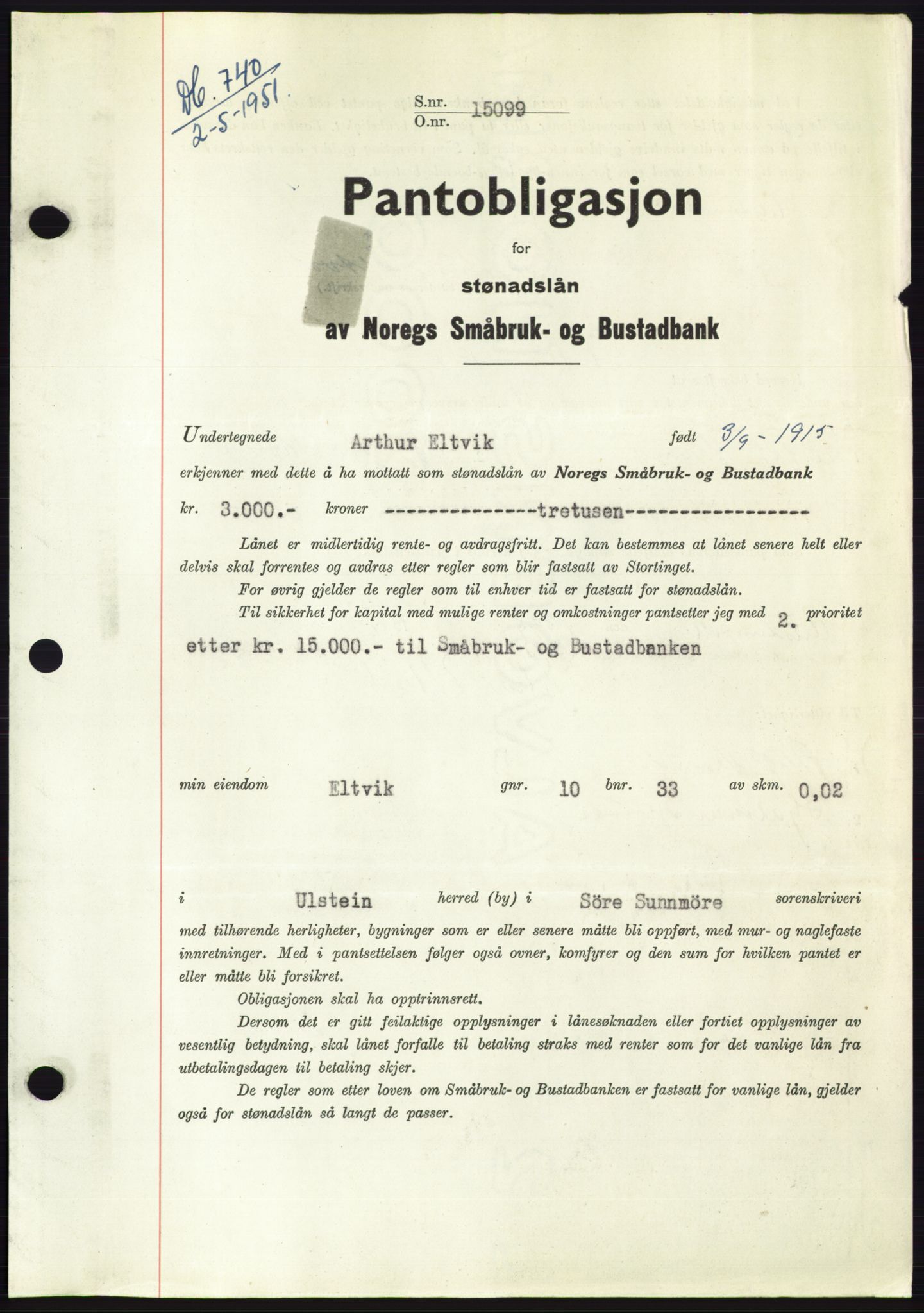Søre Sunnmøre sorenskriveri, SAT/A-4122/1/2/2C/L0120: Pantebok nr. 8B, 1951-1951, Dagboknr: 740/1951
