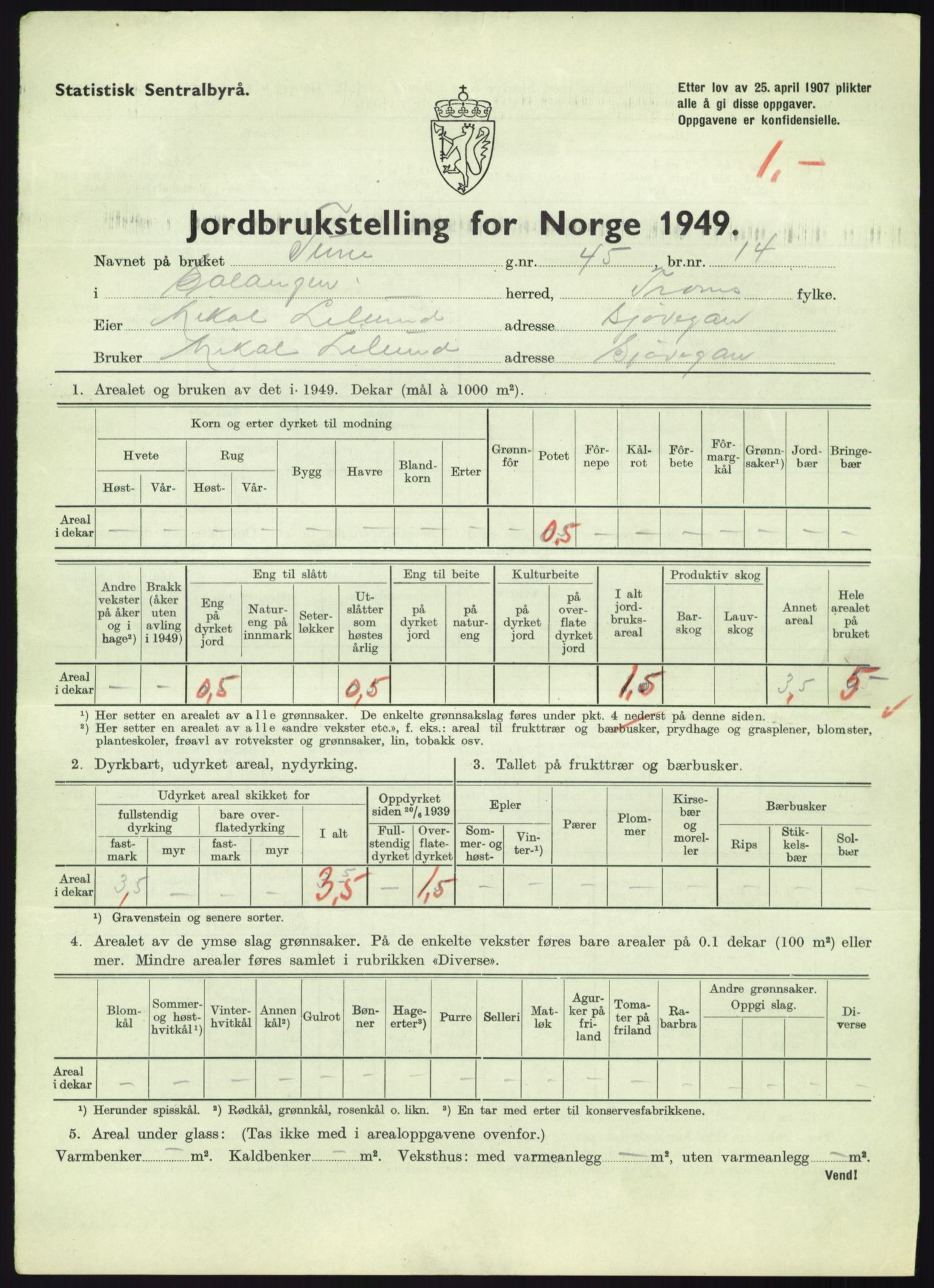 Statistisk sentralbyrå, Næringsøkonomiske emner, Jordbruk, skogbruk, jakt, fiske og fangst, AV/RA-S-2234/G/Gc/L0438: Troms: Salangen og Bardu, 1949, s. 46