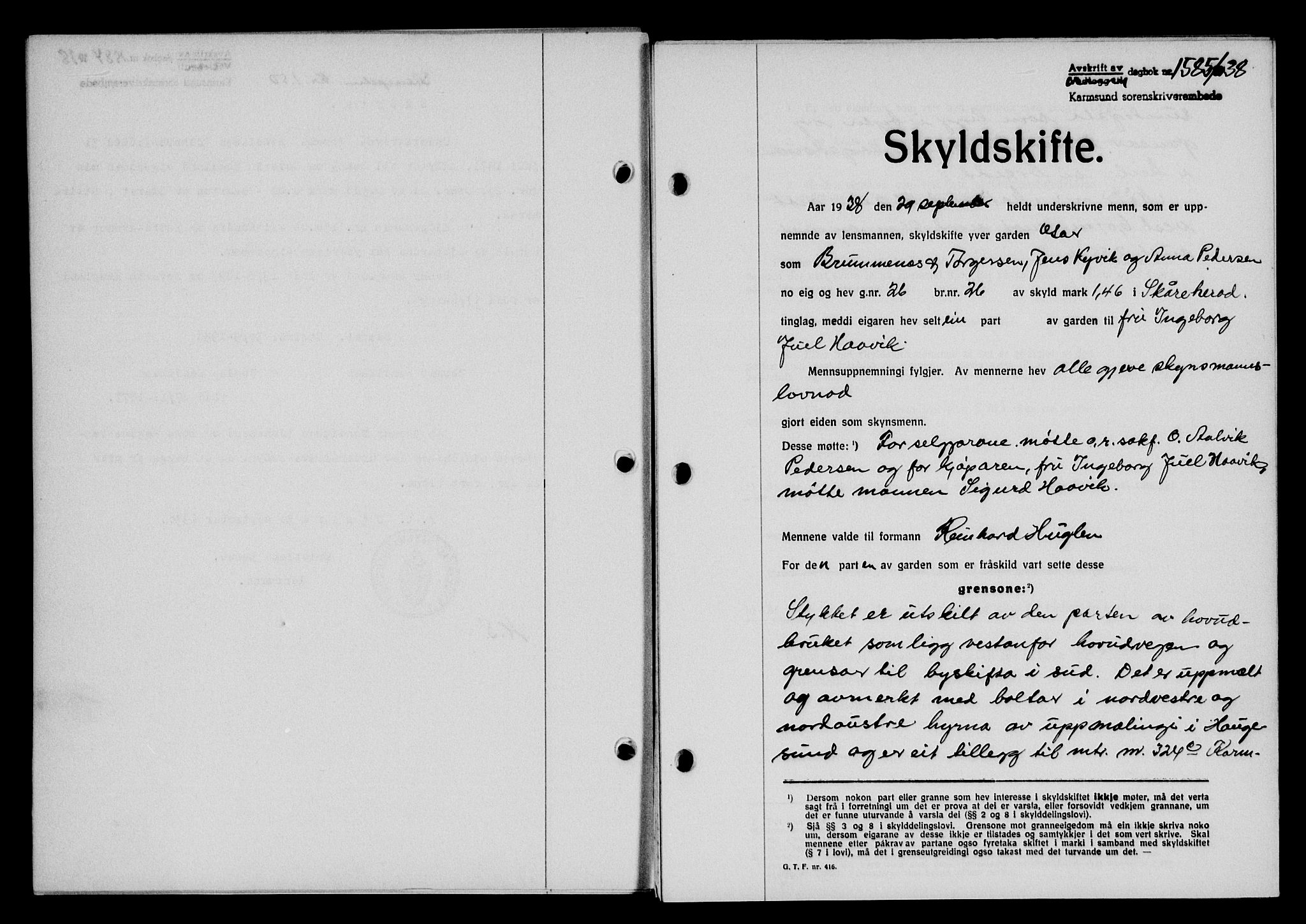Karmsund sorenskriveri, SAST/A-100311/01/II/IIB/L0070: Pantebok nr. 51A, 1938-1939, Dagboknr: 1585/1938