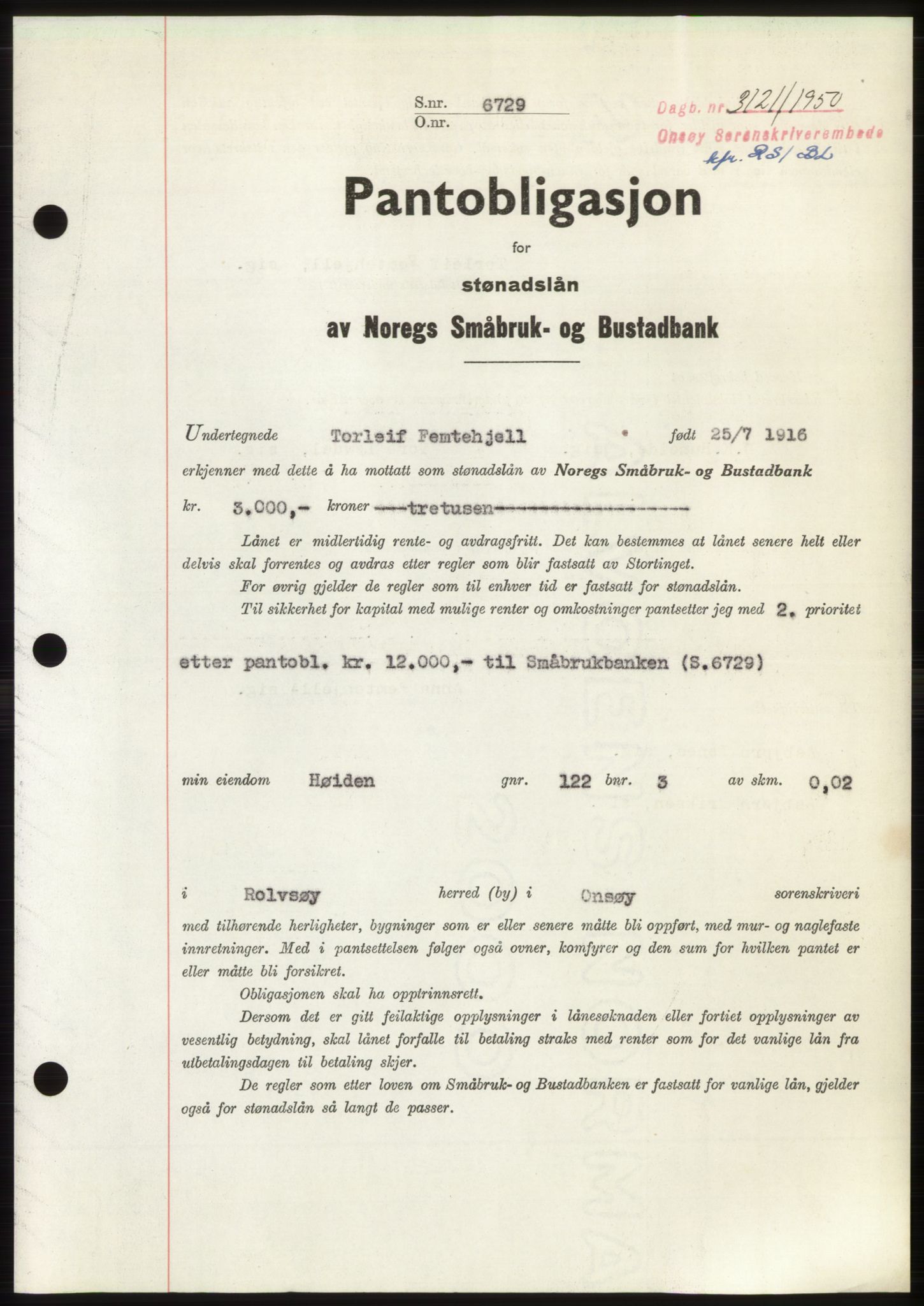 Onsøy sorenskriveri, SAO/A-10474/G/Ga/Gac/L0010: Pantebok nr. B 18-10, 1950-1950, Dagboknr: 3121/1950