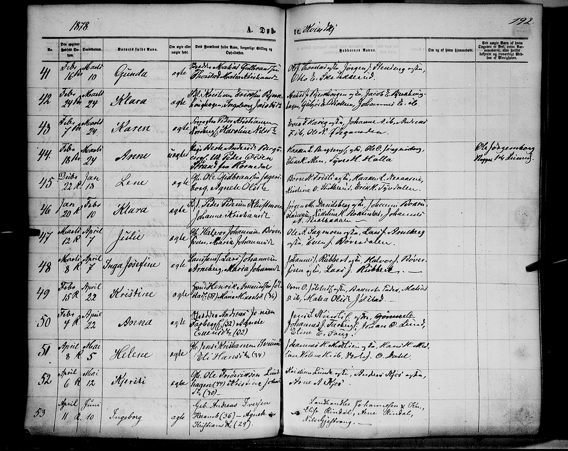 Ringsaker prestekontor, AV/SAH-PREST-014/K/Ka/L0011: Ministerialbok nr. 11, 1870-1878, s. 192