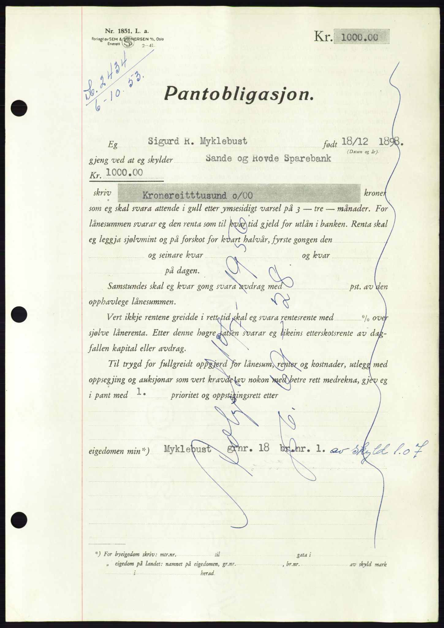 Søre Sunnmøre sorenskriveri, AV/SAT-A-4122/1/2/2C/L0124: Pantebok nr. 12B, 1953-1954, Dagboknr: 2434/1953