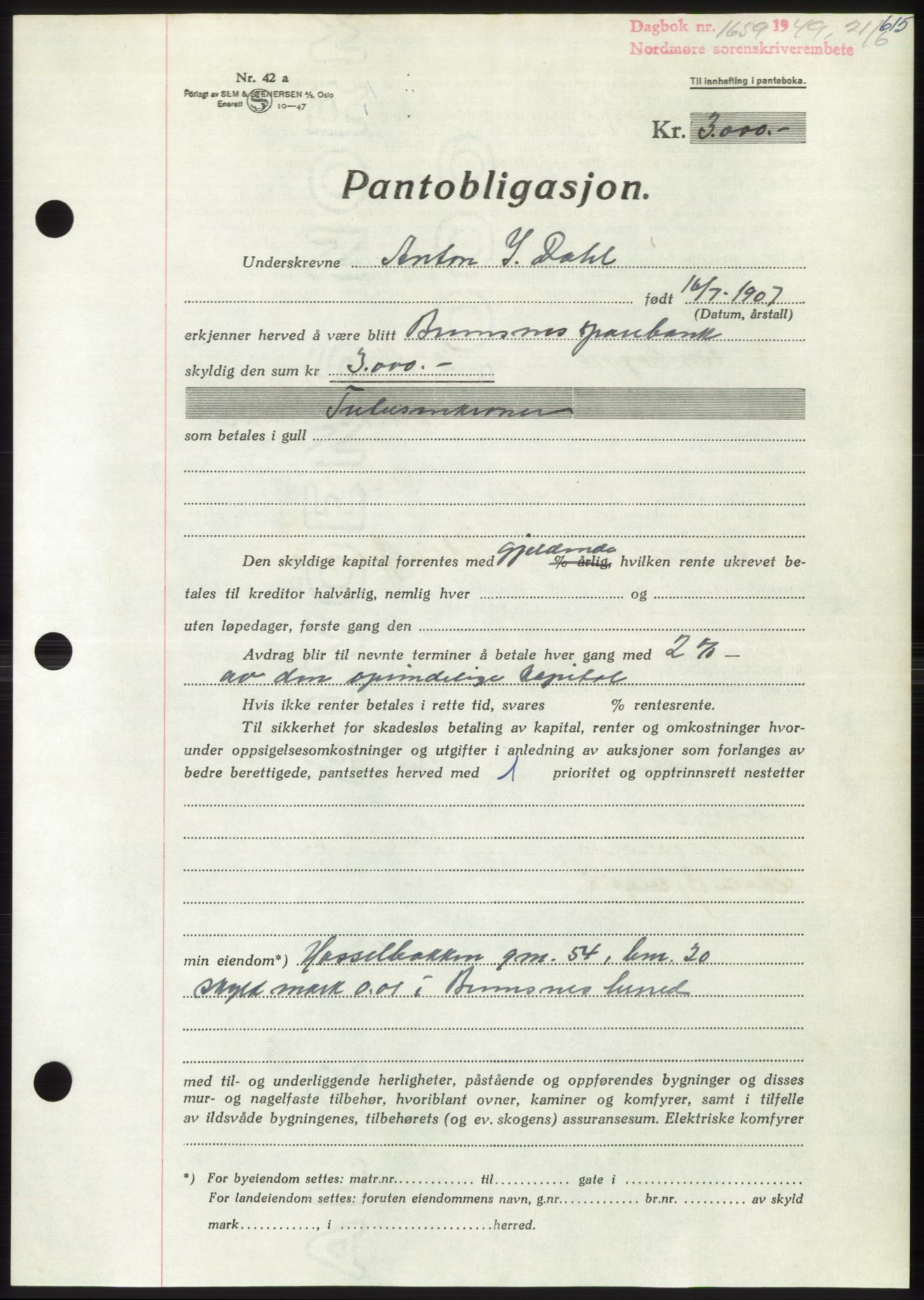 Nordmøre sorenskriveri, SAT/A-4132/1/2/2Ca: Pantebok nr. B101, 1949-1949, Dagboknr: 1659/1949