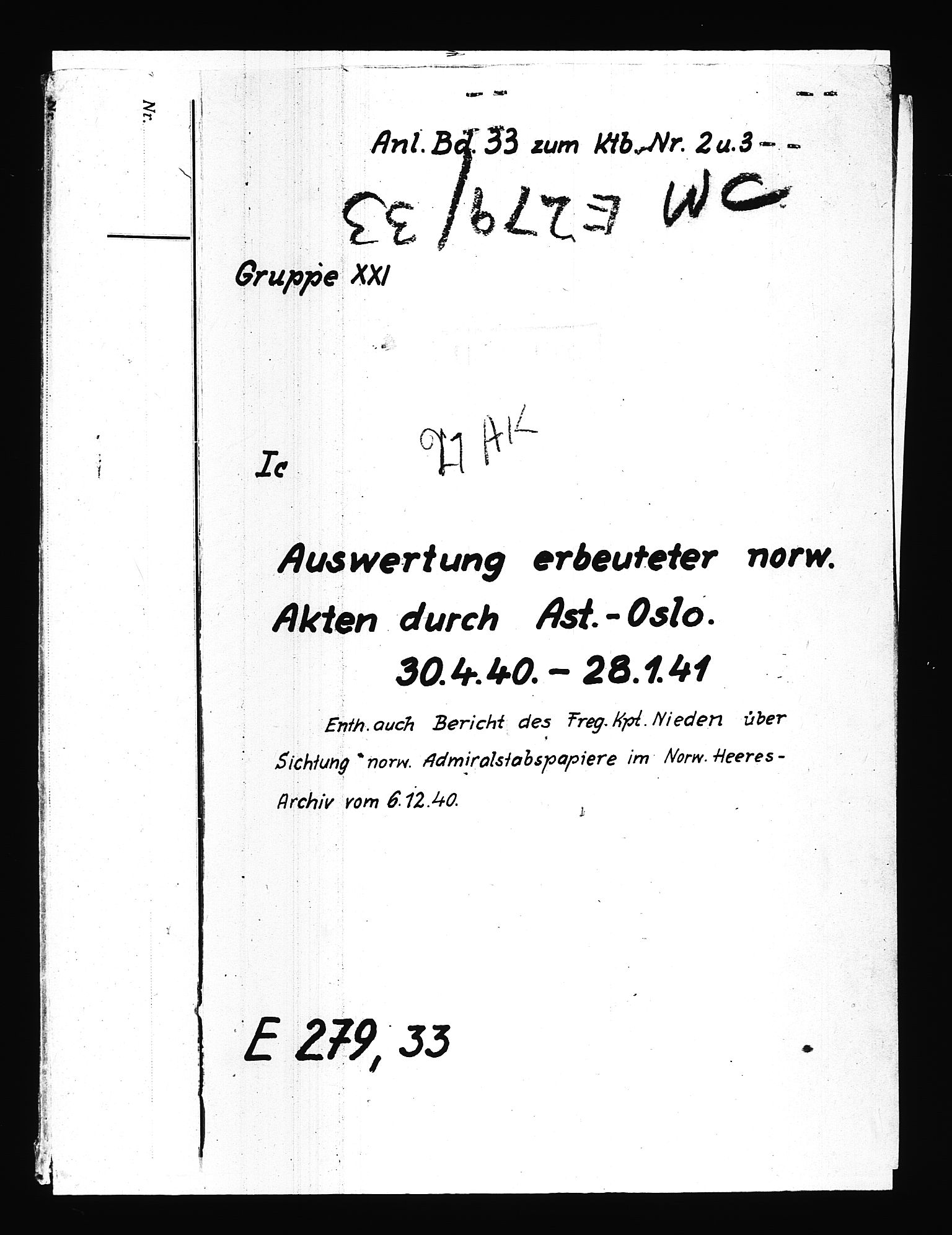 Documents Section, RA/RAFA-2200/V/L0085: Amerikansk mikrofilm "Captured German Documents".
Box No. 724.  FKA jnr. 615/1954., 1940-1941, s. 289