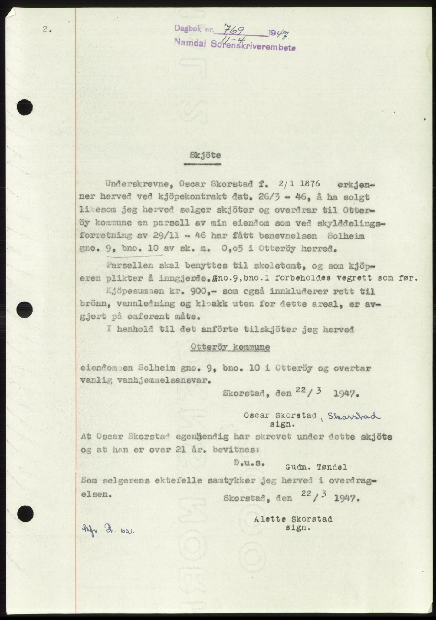 Namdal sorenskriveri, SAT/A-4133/1/2/2C: Pantebok nr. -, 1947-1947, Dagboknr: 769/1947