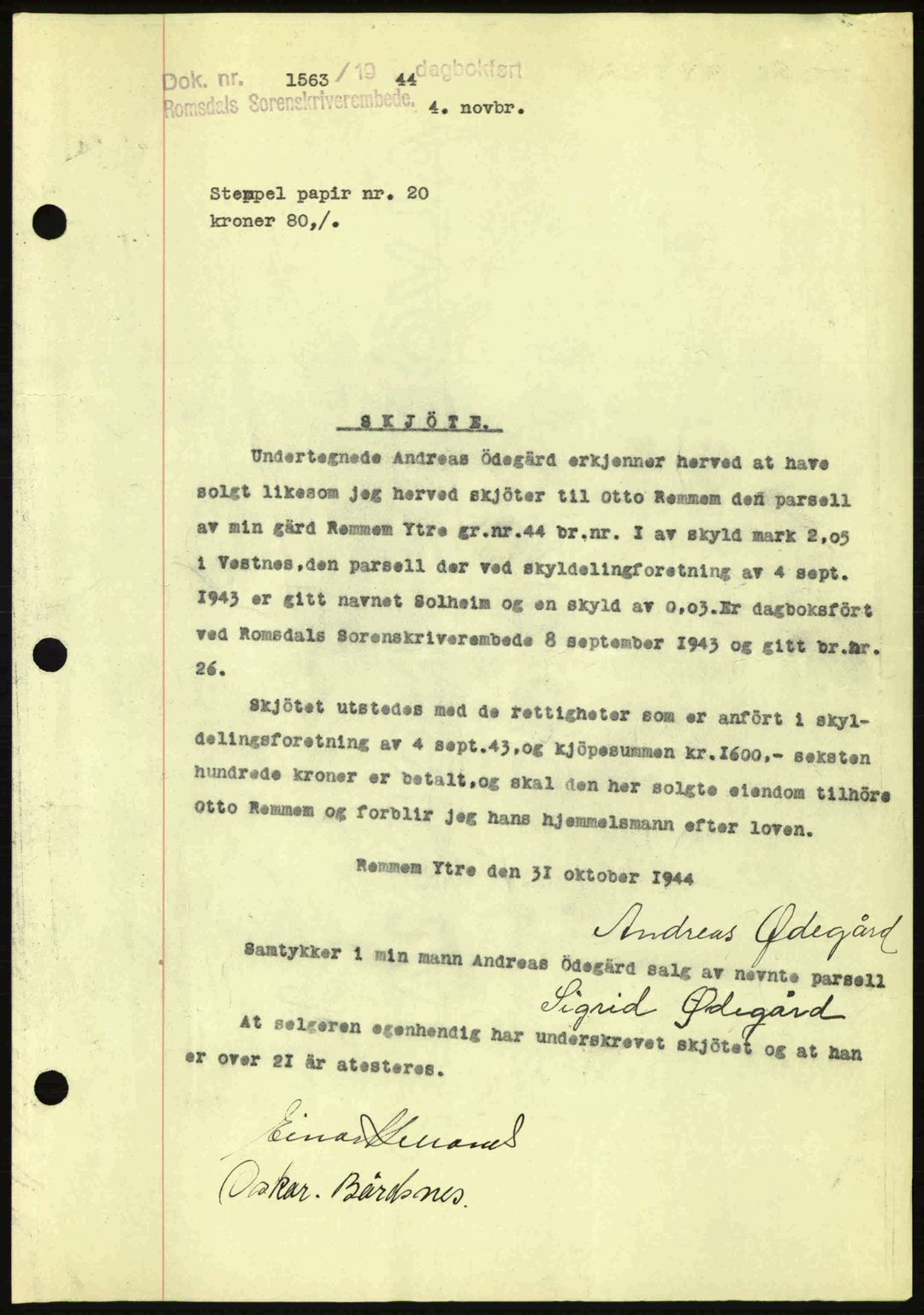 Romsdal sorenskriveri, SAT/A-4149/1/2/2C: Pantebok nr. A17, 1944-1945, Dagboknr: 1563/1944