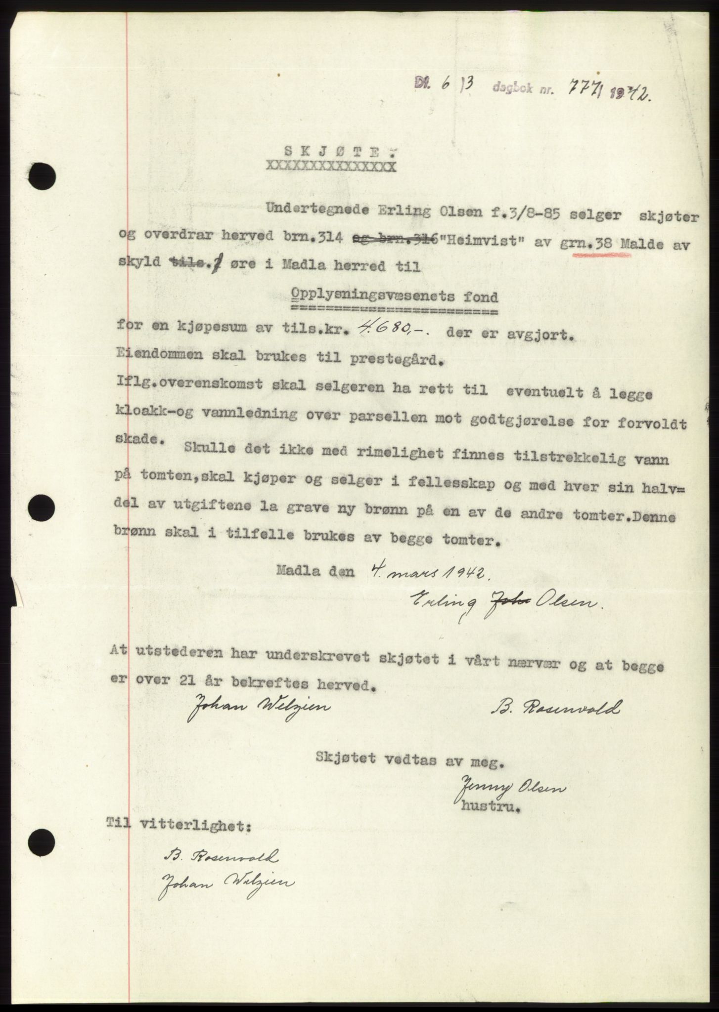 Jæren sorenskriveri, SAST/A-100310/03/G/Gba/L0082: Pantebok, 1942-1942, Dagboknr: 777/1942